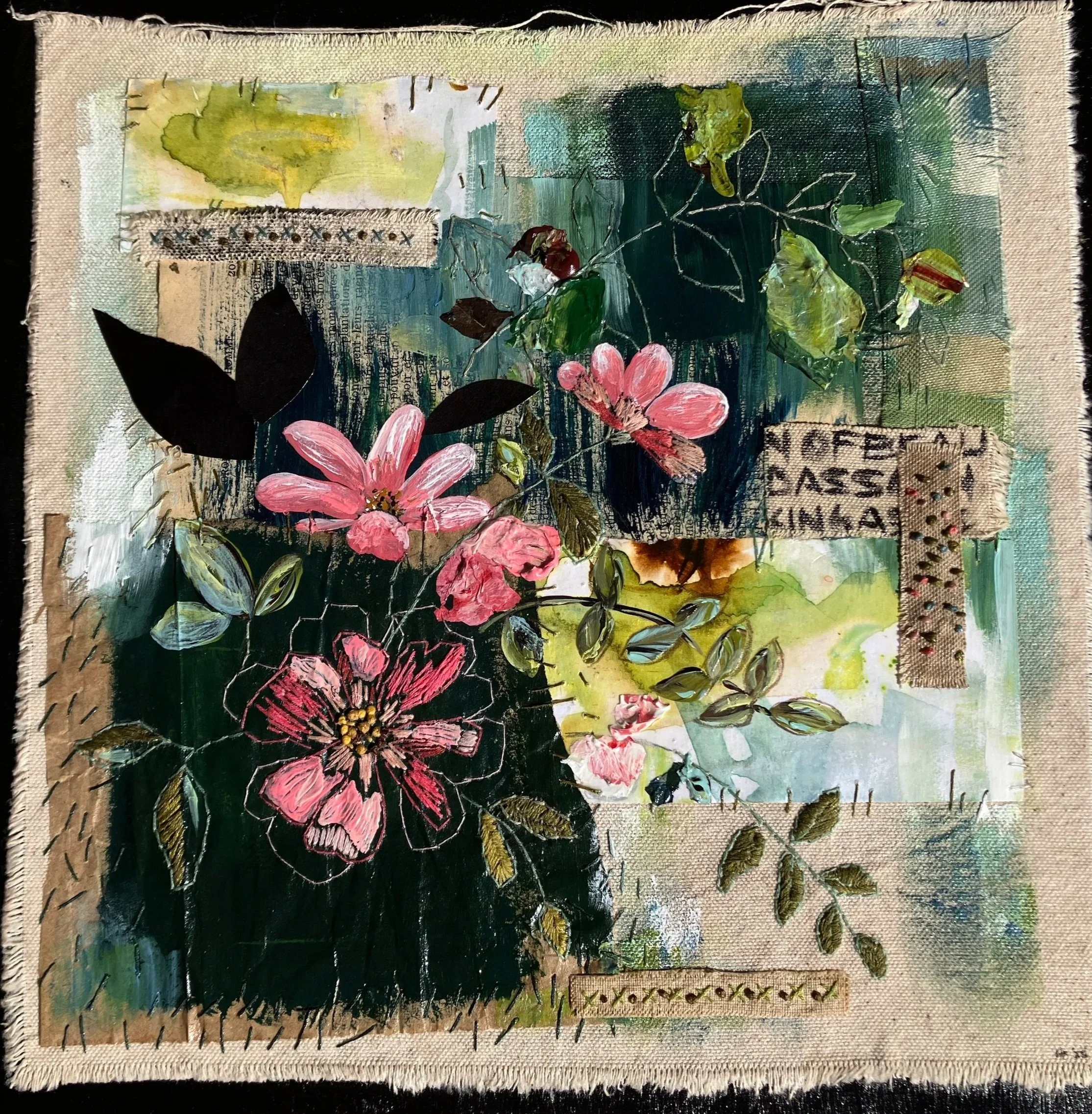 Mixed media collage with abstract painting, flowers, foliage, and textured fabric elements.