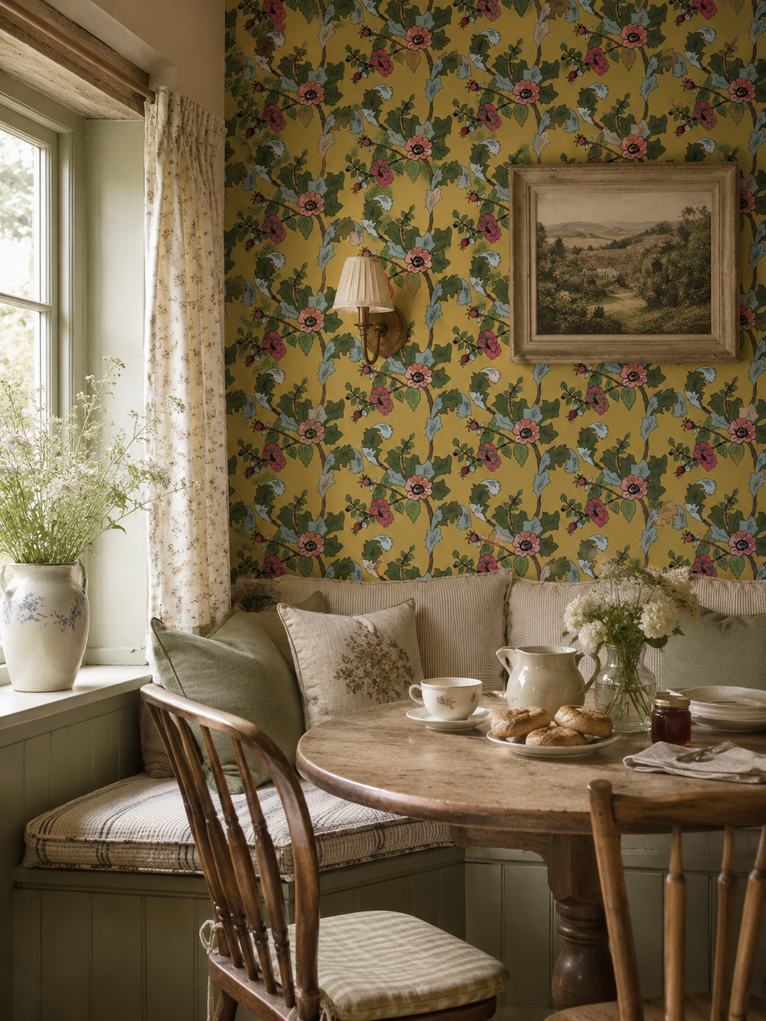 A cozy dining nook with floral wallpaper, a window with light curtains, a wooden table set with tea cups, plates, a pitcher, and baked goods, a cushioned bench with pillows, a wooden chair, a vase of flowers, and a framed landscape painting on the wall.