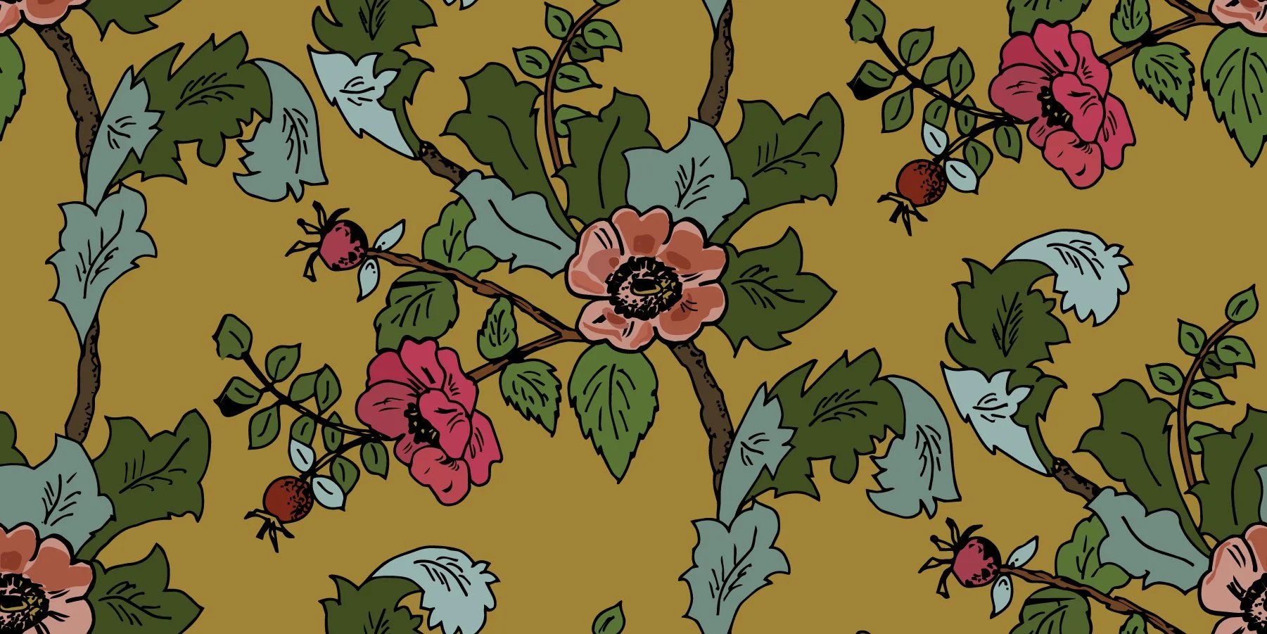 A floral pattern featuring pink and peach flowers with green and gray leaves on a mustard yellow background.