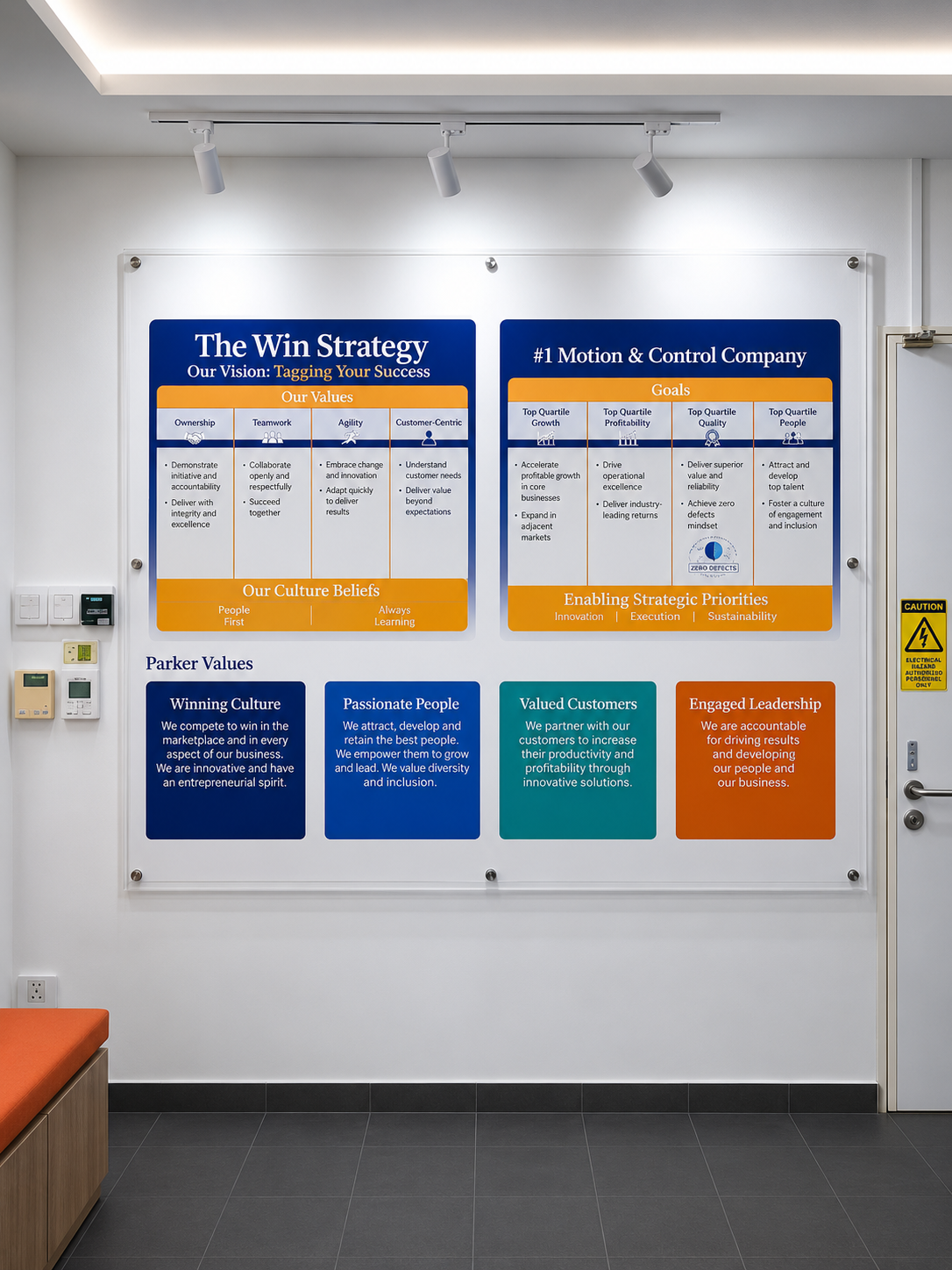 Office wall containing a company strategy and values poster with sections on vision, values, goals, culture beliefs, and strategic priorities, featuring various lists and colorful boxes.