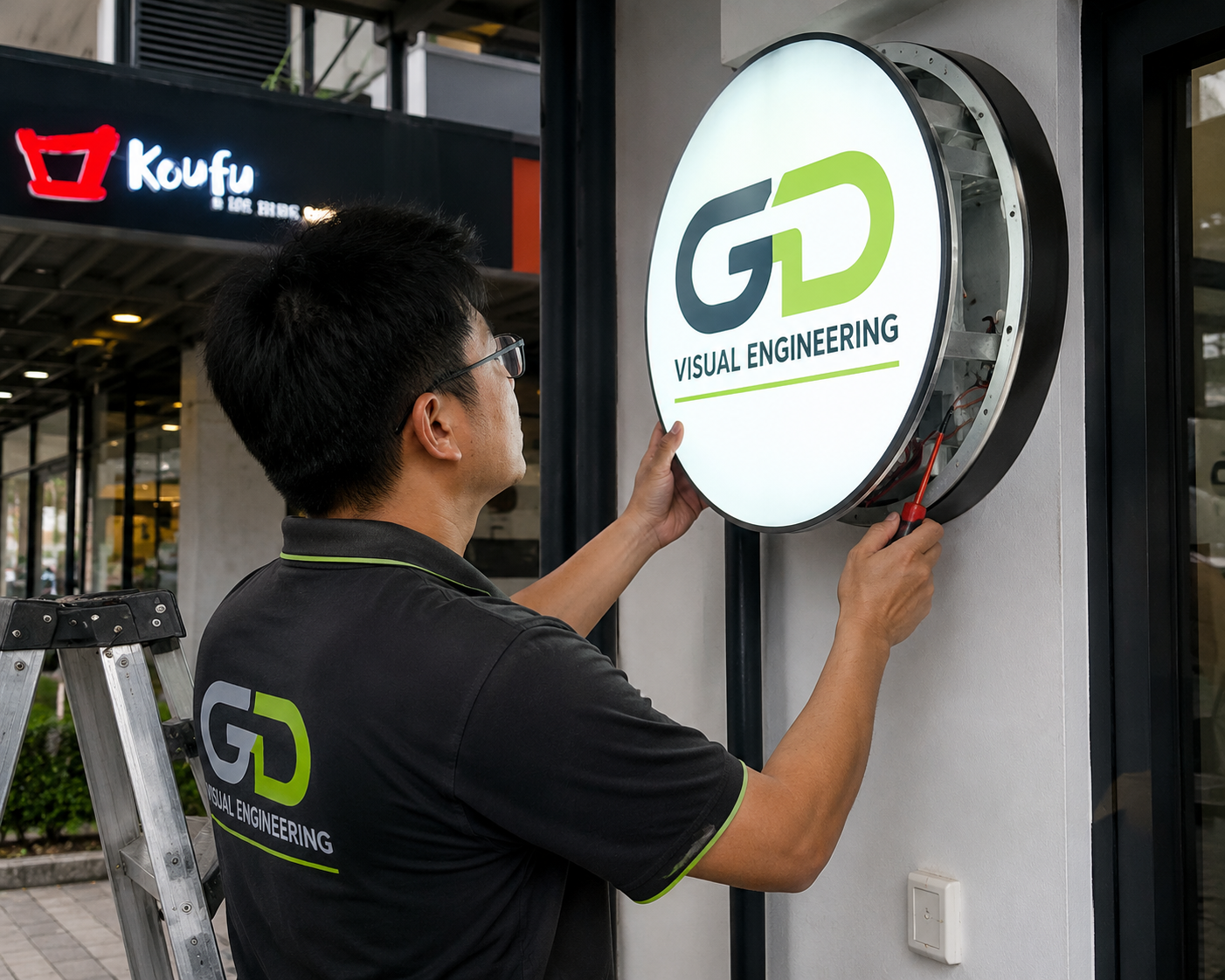 A man is installing a round illuminated sign for 'Visual Engineering' on a building exterior. He is standing on a ladder, using a tool to secure the sign to the wall. The man wears a black shirt with the same logo as the sign.