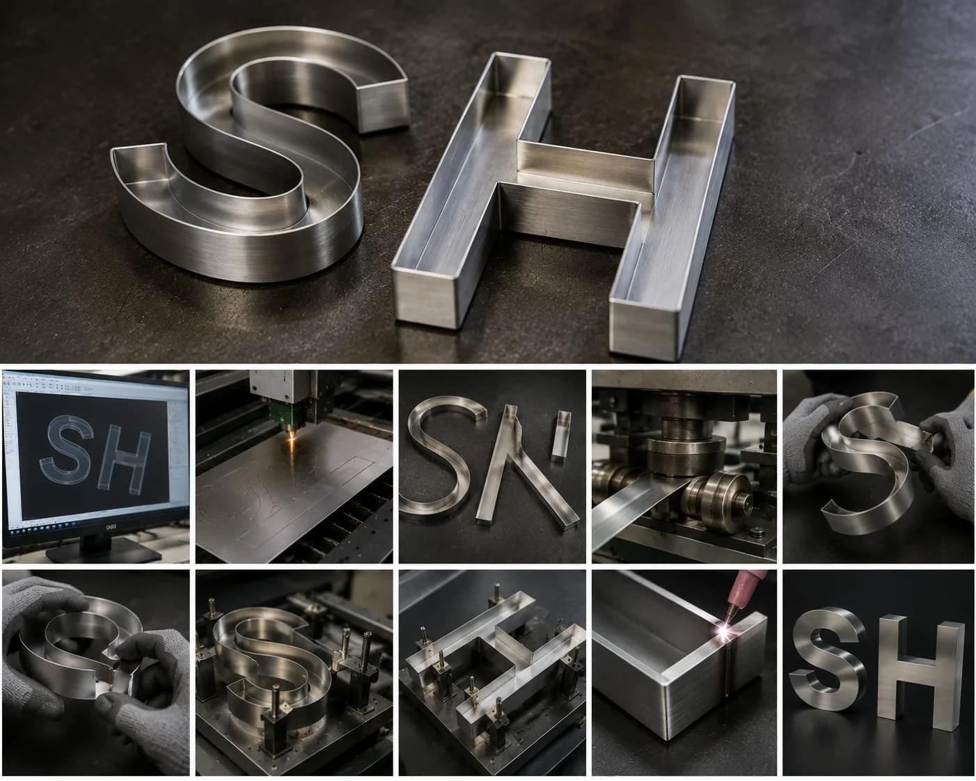 A collage showing metal letter signs in the making process. The top image features polished metal letters 'S' and 'H' on a black surface. The bottom images include machinery, design software, a laser cutter, a metal forming process, and a worker handling a metal letter, with some letters reading 'SH' and 'SN'.