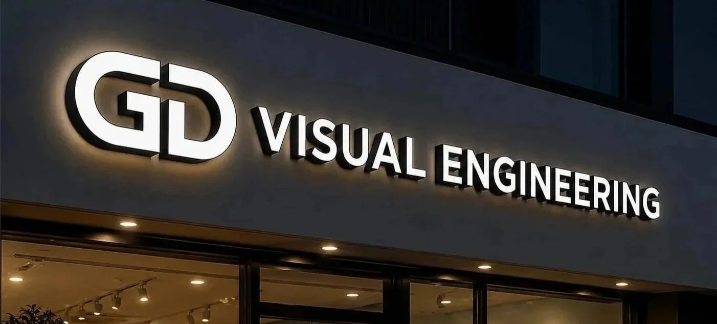 Exterior sign of a building displaying the logo and name 'G D Visual Engineering' at night, illuminated against a dark background.