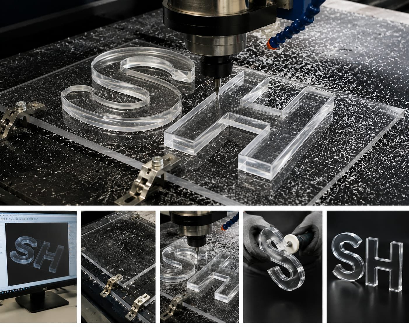 Close-up of an industrial CNC machine engraving the letters SH on a clear acrylic sheet, with scattered acrylic chips, and a series of images showing design on computer and different angles of the engraved acrylic letters.