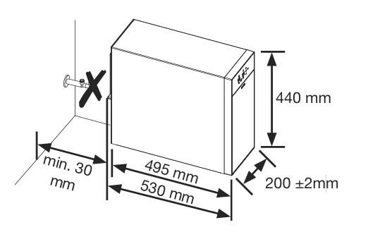 Technical diagram of a rectangular device with measurements: 495mm width, 530mm width overall, 440mm height, and 200mm depth with 2mm tolerance, including mounting instructions.