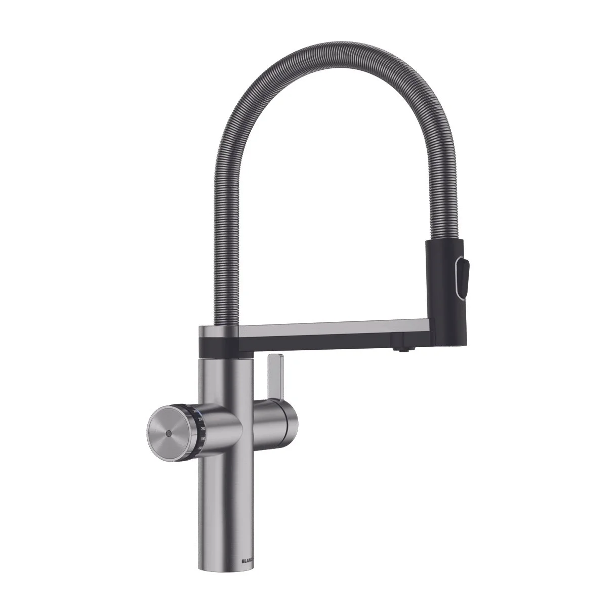 Modern kitchen faucet with a flexible, coiled spout and a single lever handle, made of stainless steel.