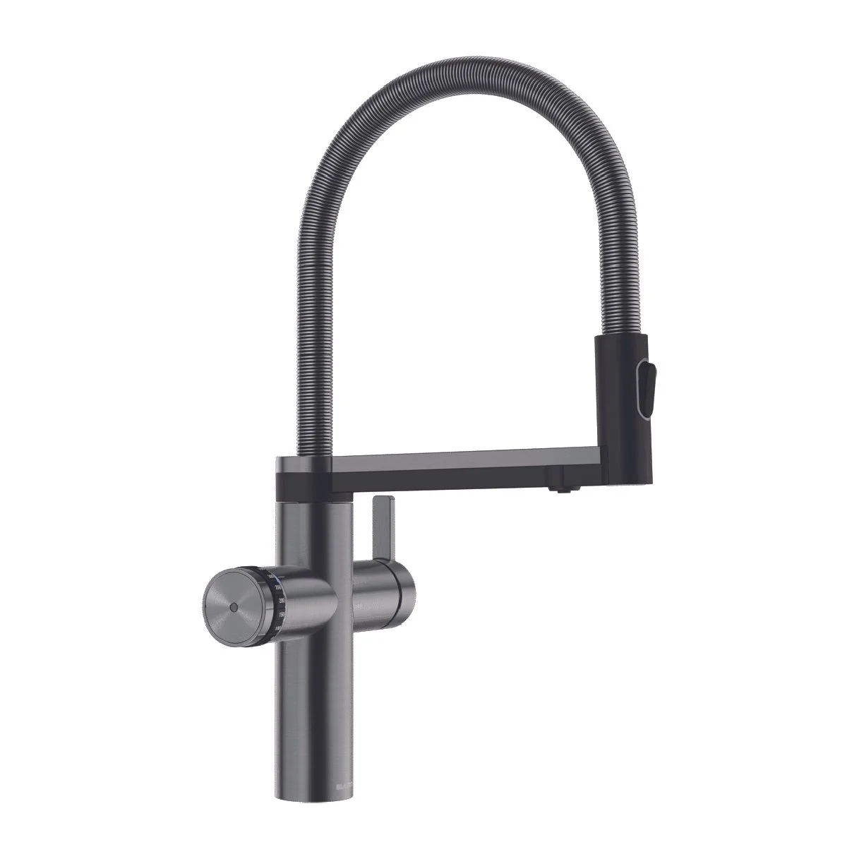 Modern kitchen faucet with a pull-down spray head and a timer dial