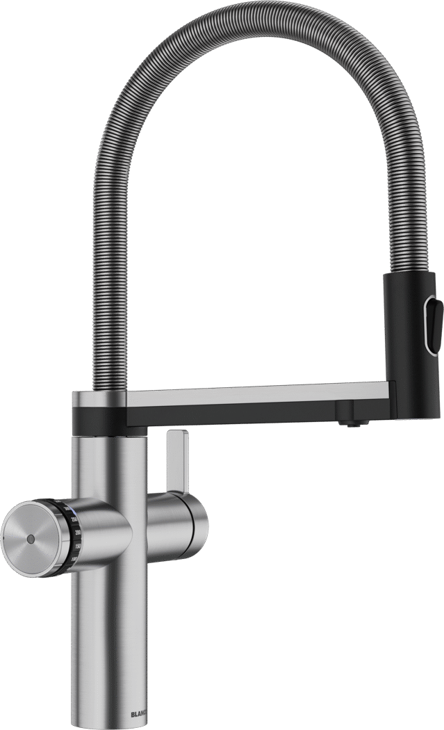 Modern kitchen faucet with a flexible metal hose and a black control handle against a black background.