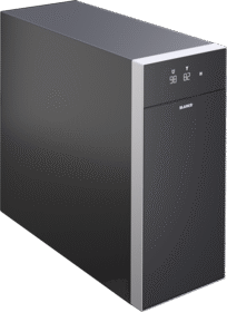 A black and gray computer server tower with a digital display on the front.