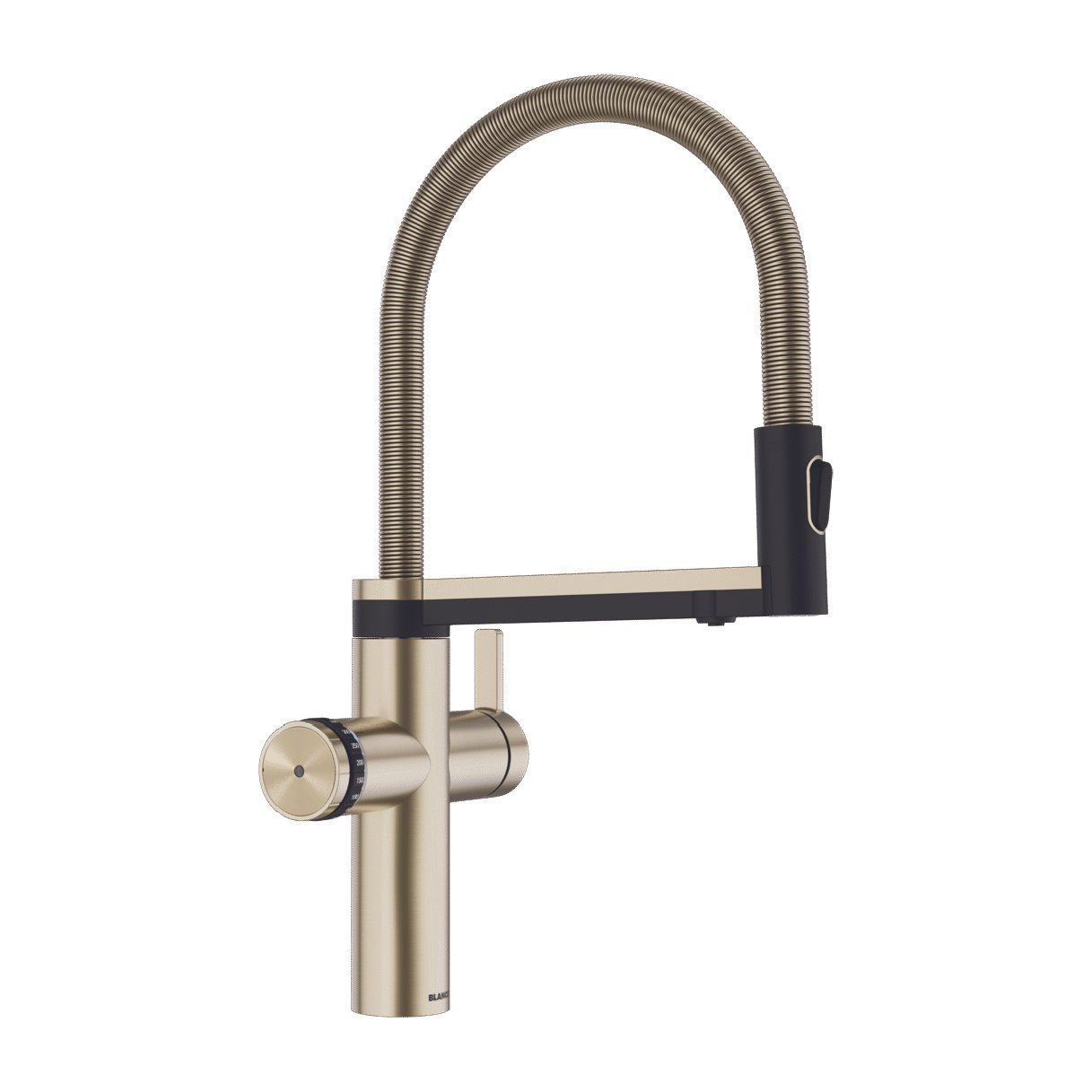 Modern kitchen faucet with a flexible, coil spring neck and brushed metal finish.