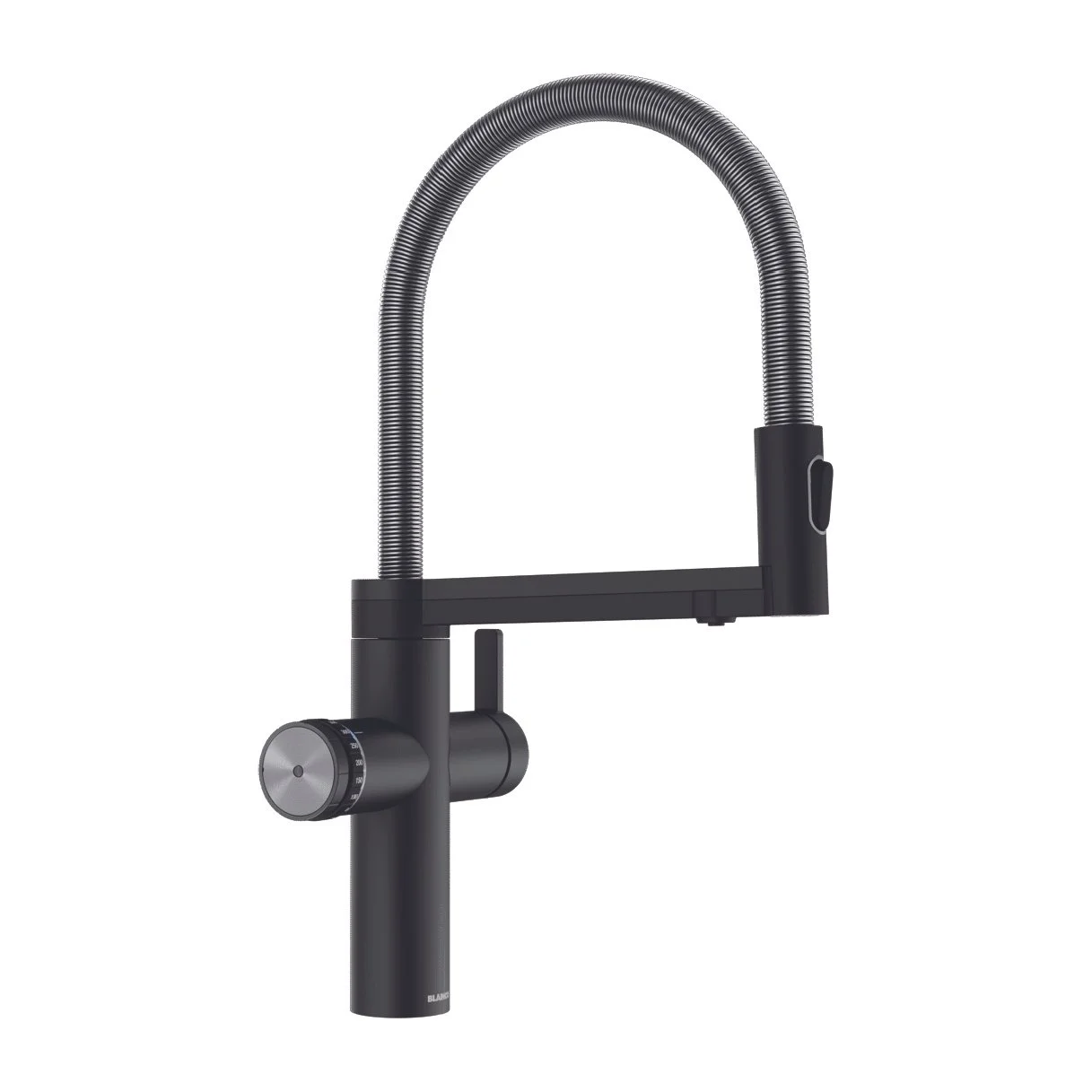 Modern black kitchen faucet with a flexible, spring-like hose and a round control knob.