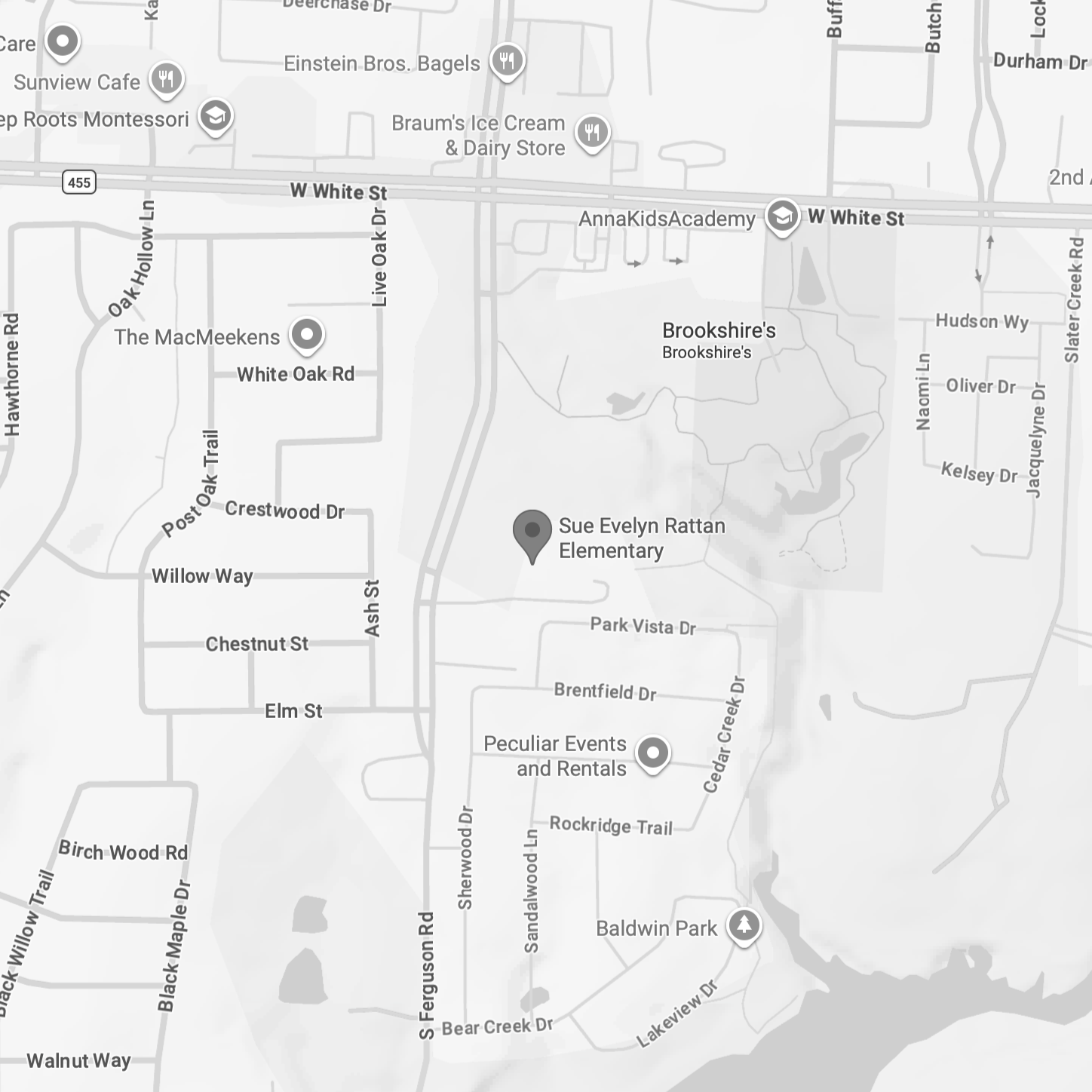 Map showing streets and landmarks including Sue Evelyn Rattan Elementary, Baldwin Park, Cedar Creek Dr, and W White St.