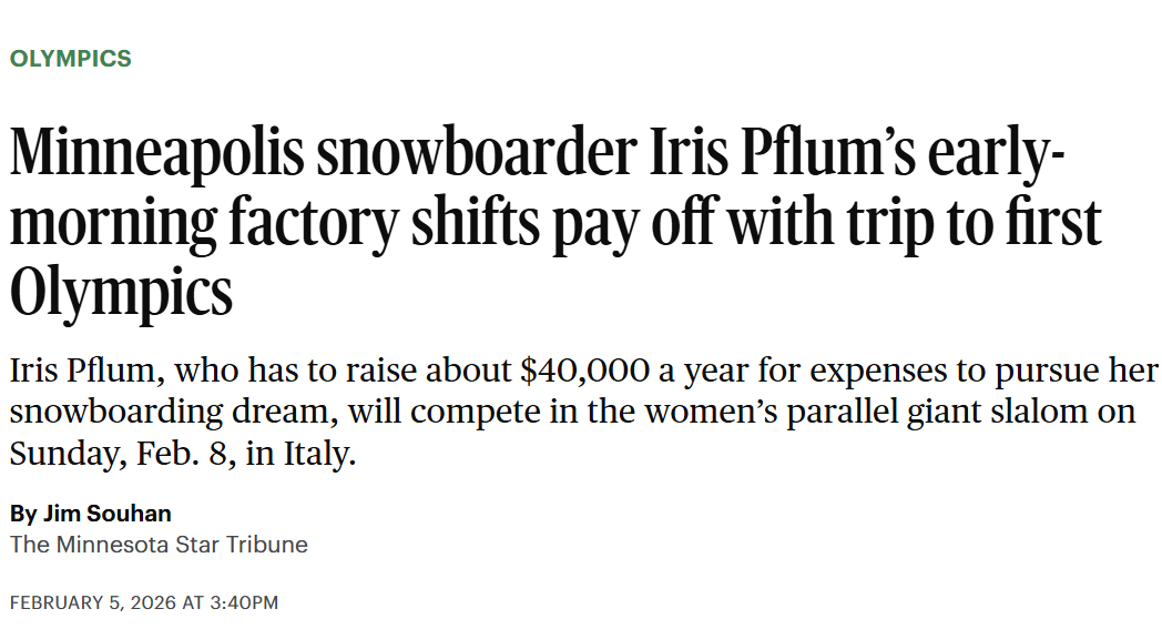 News article headline about Minneapolis snowboarder Iris Pflum preparing for the Olympics.