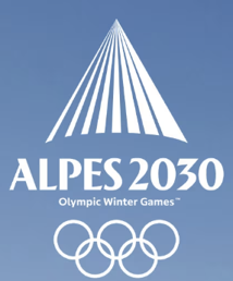 Alpes 2030 Olympic Winter Games logo with stylized mountain and Olympic rings.