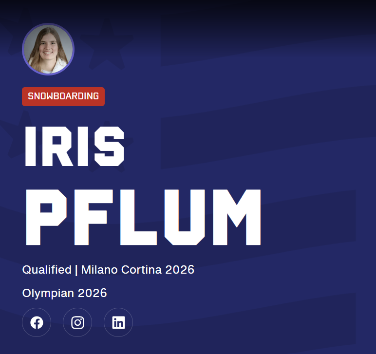 Poster or profile page for Iris Pflum, a snowboarder. It includes her photo, her name, and details about her qualifications for Milano Cortina 2026 and Olympian 2026, with social media icons at the bottom.