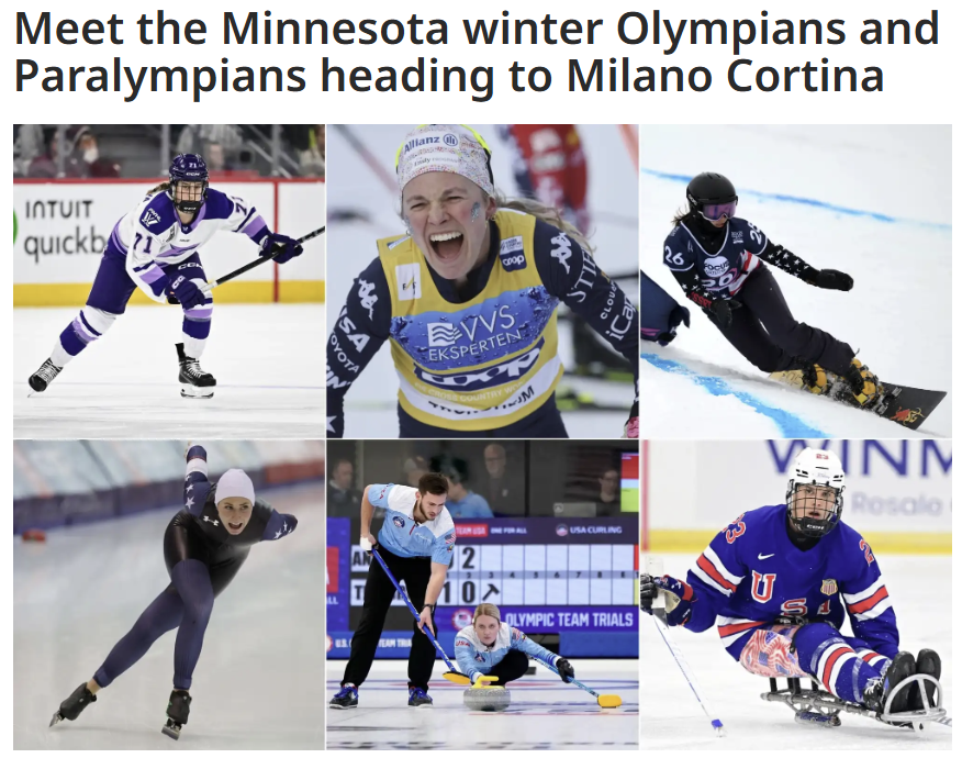 Six winter athletes, including hockey players, a skater, a snowboarder, a curler, and a sled hockey player, in action at the Winter Olympics.