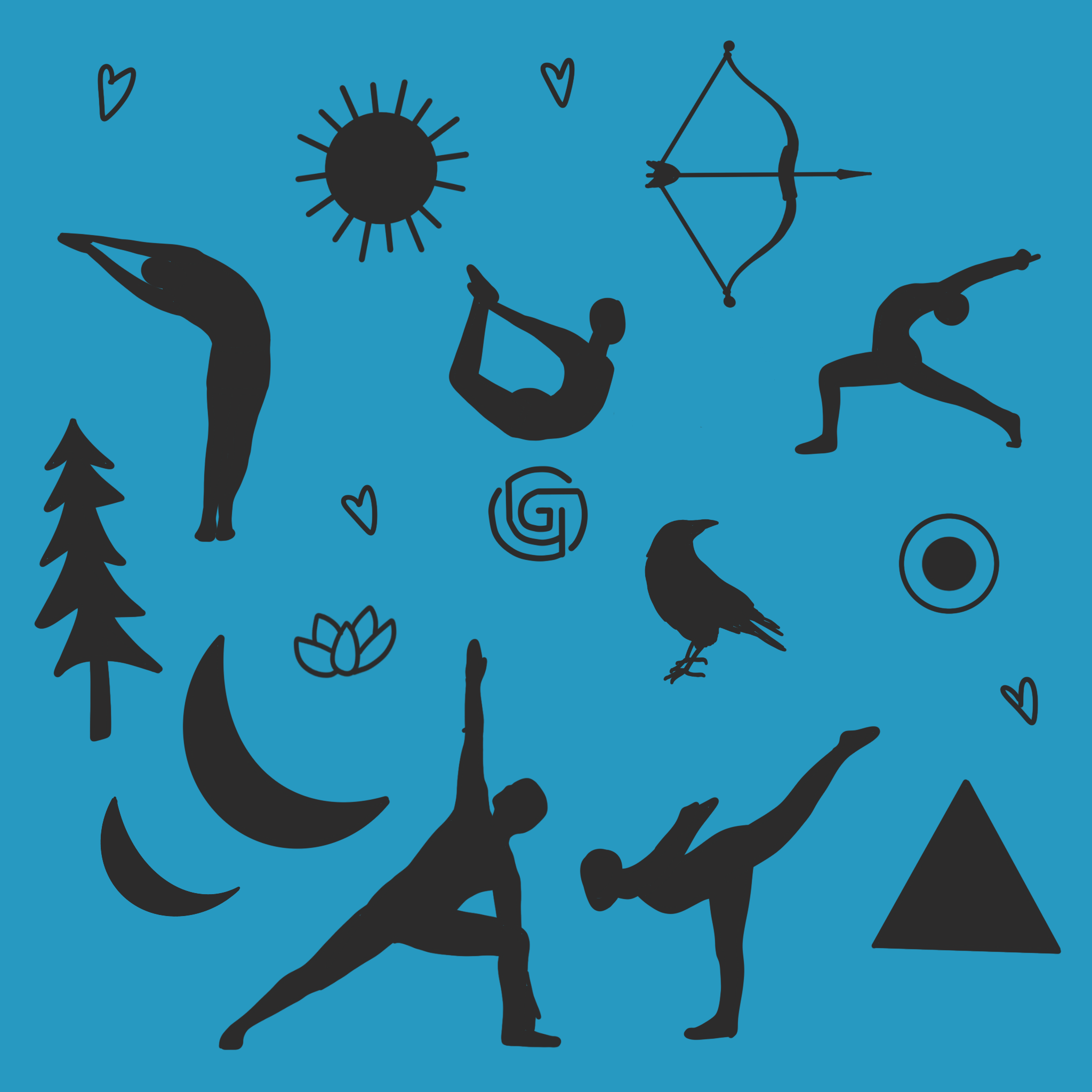 Silhouettes of people practicing yoga or stretching, with some figures holding yoga mats, amid hand-drawn icons of animals, hearts, trees, and abstract shapes on a blue background.