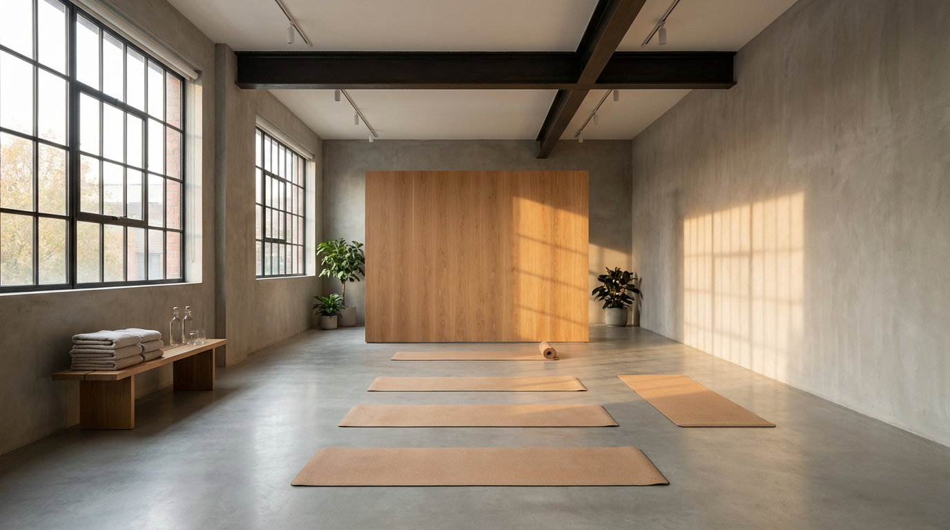 Empty yoga studio with six mats on floor, large windows, wooden wall, and potted plants, with sunlight casting shadows.