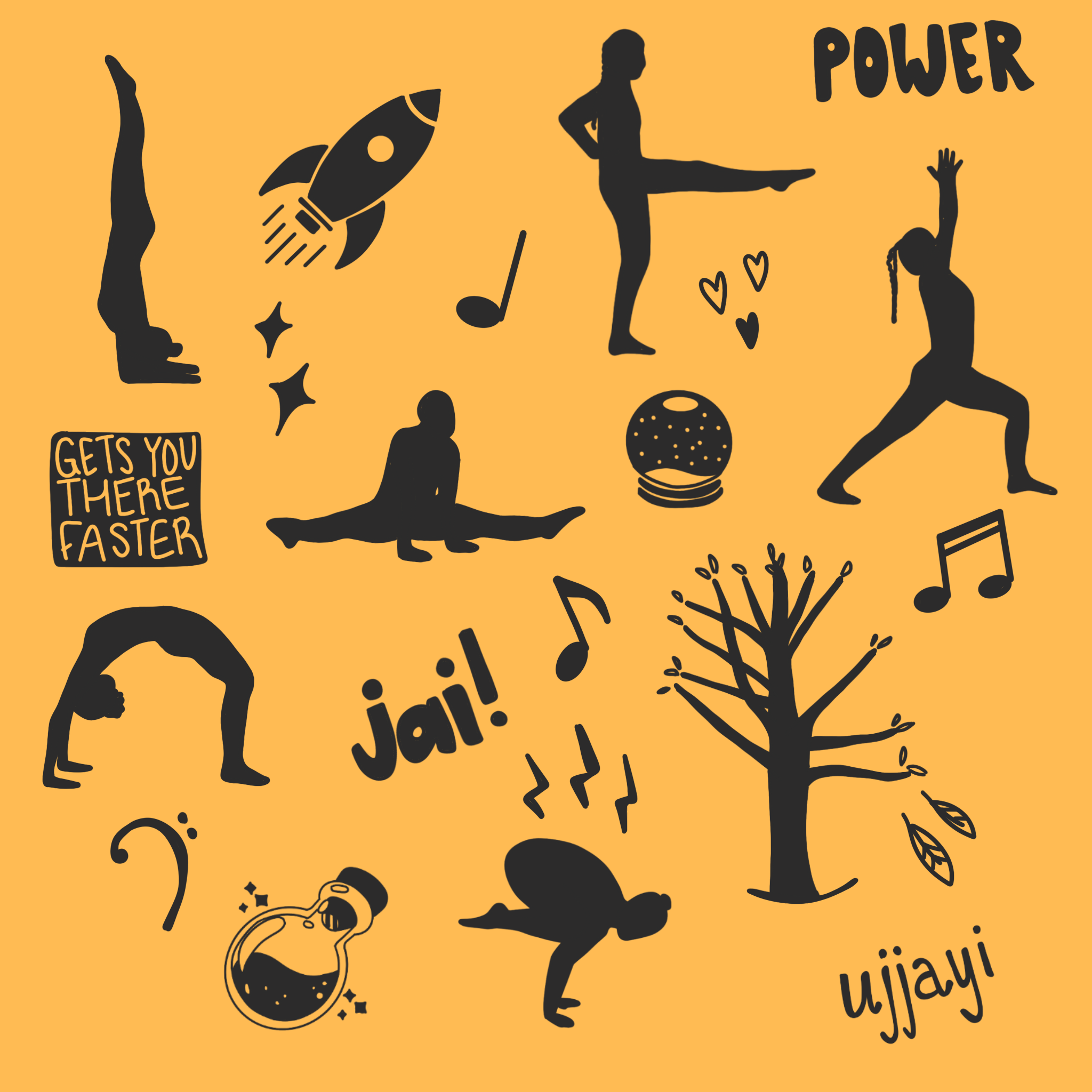 Silhouette illustrations of people engaging in activities like yoga, dancing, jumping, and stretching, with icons of a rocket, light bulb, cassette tape, musical notes, and a sign that says 'Gets you there faster' on an orange background.