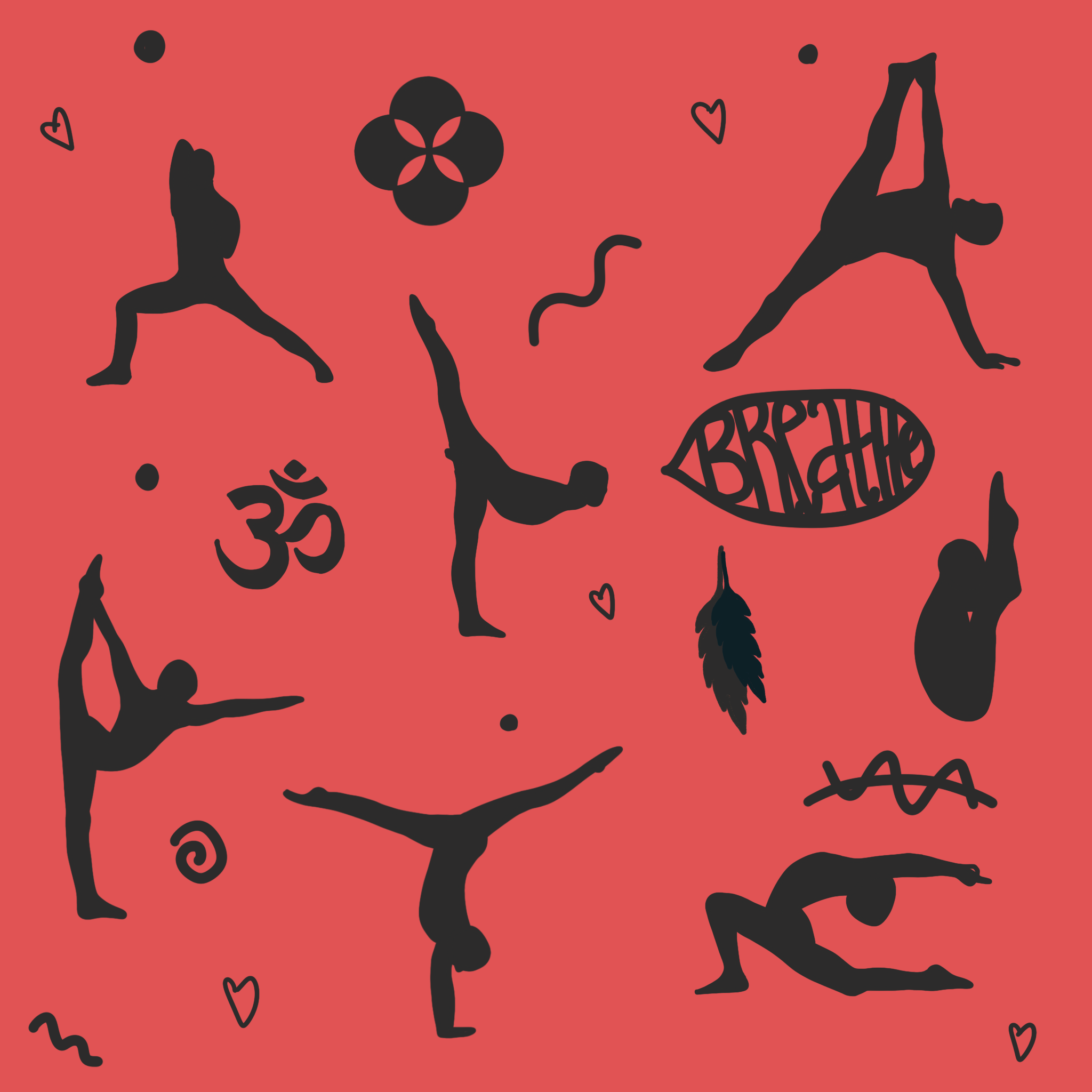 Black silhouettes of yoga poses, hearts, a spiral, a feather, a bird, and the word 'breathe' on a red background, with some small dots and abstract shapes.
