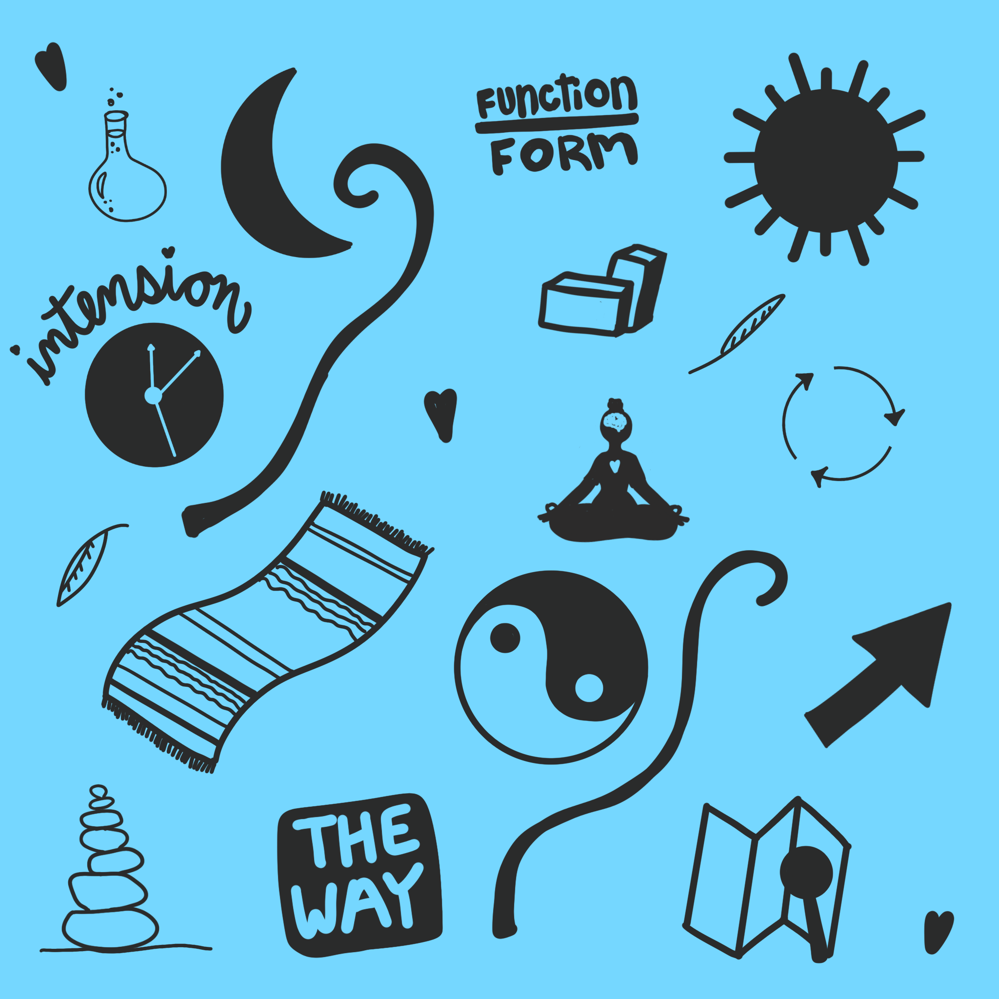 Collection of hand-drawn black icons and words on a bright blue background, including a test tube, moon, a clock, a person in meditation, a soap bar, a ladder, a question mark, and various text phrases like 'function form' and 'the way'.