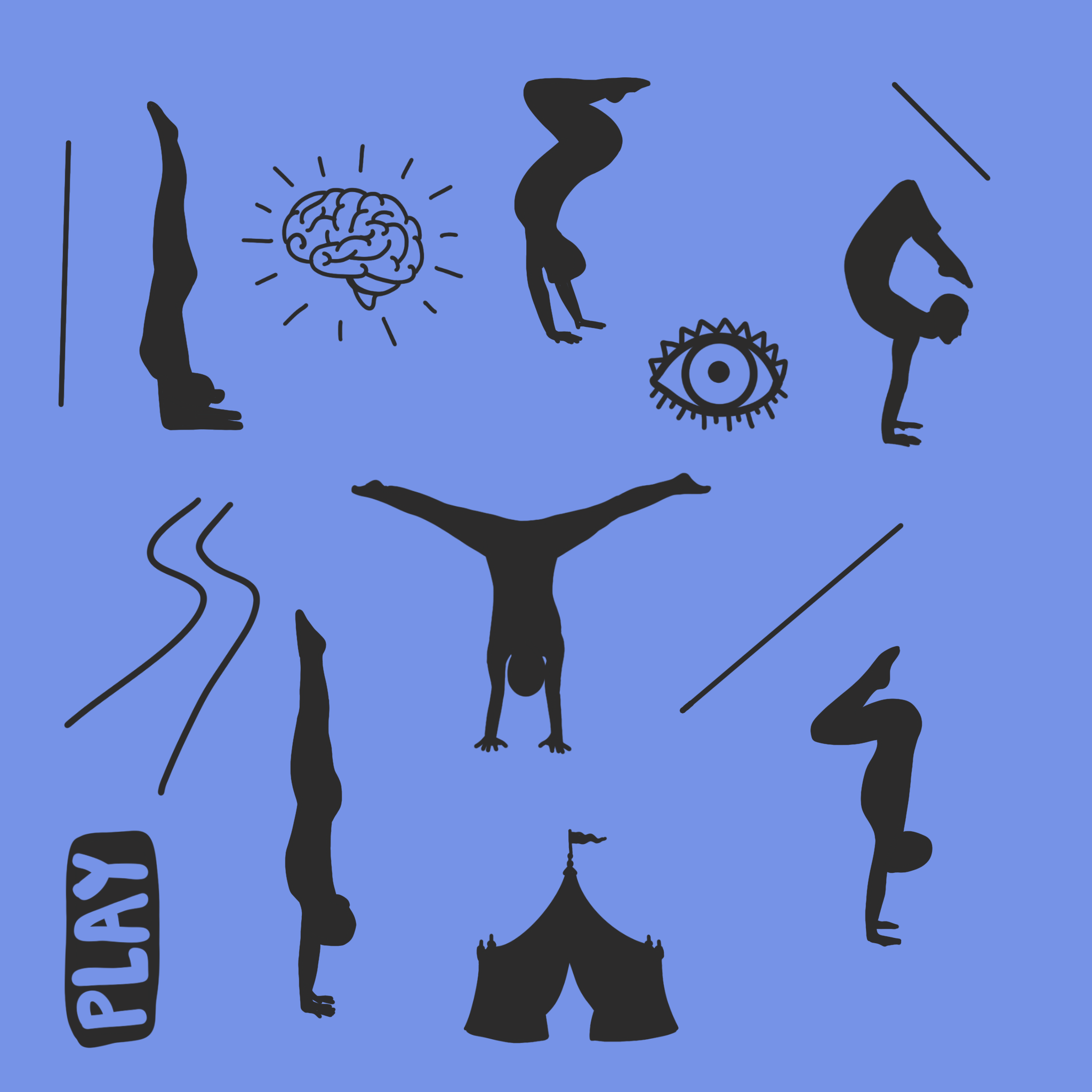 Silhouette of a sitting Buddha statue with inscribed 'peace' on a tall pedestal, a hand reaching underneath with an eye symbol, a person in a handstand position, and various abstract symbols on a blue background.