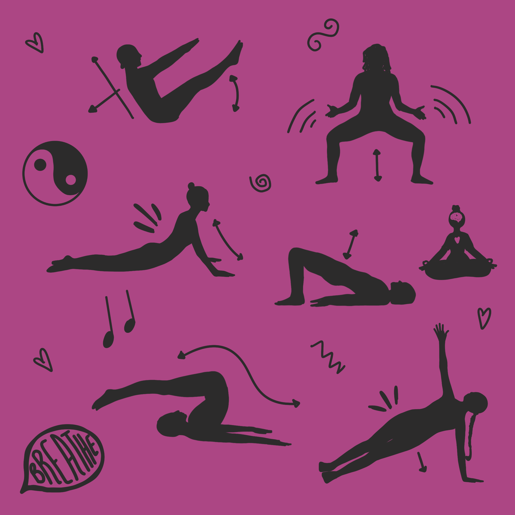 Silhouettes of people performing yoga poses on a purple background, with doodles of hearts, yin-yang symbol, and the phrase 'Breathe in' in a speech bubble.