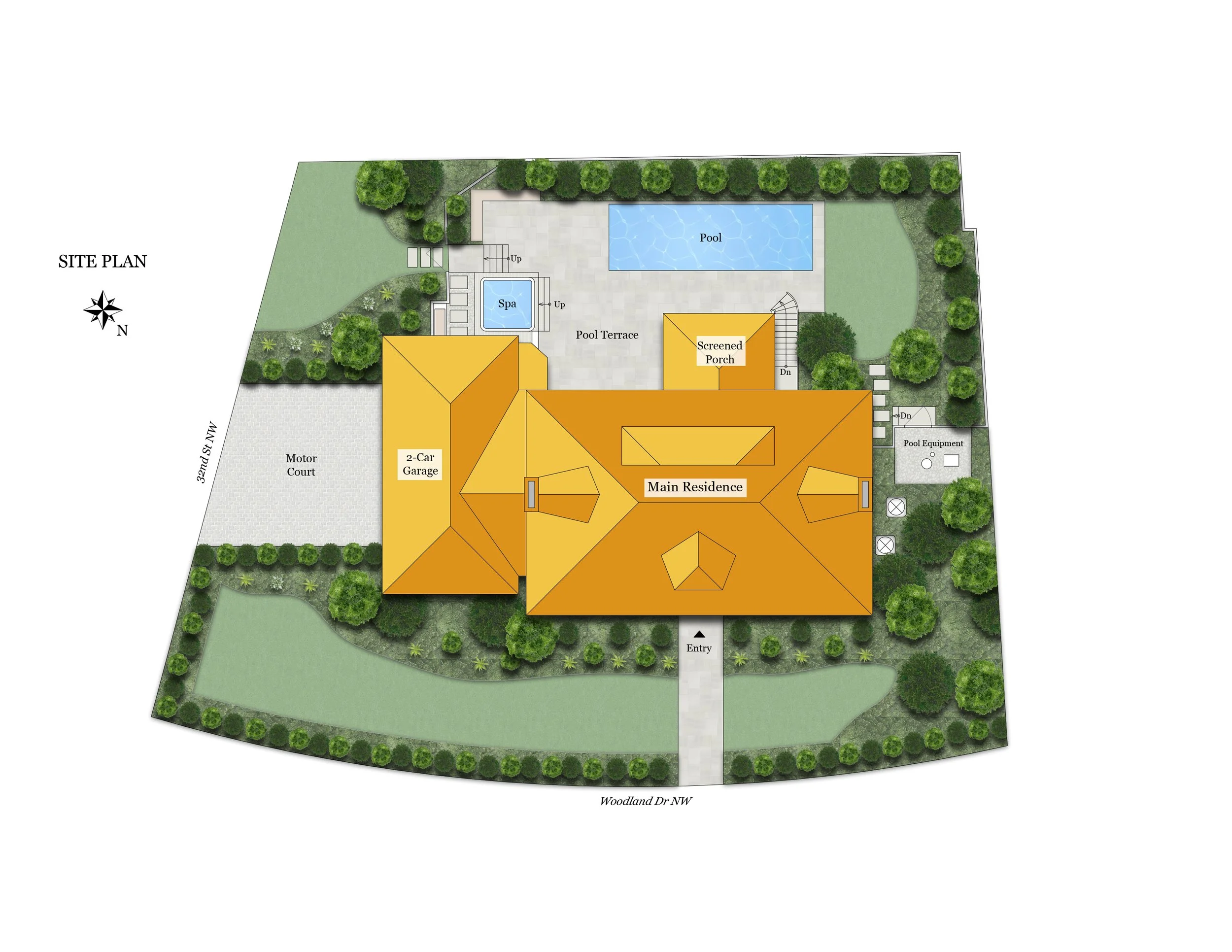 Site plan of a residence with a pool, spa, outdoor lounge area, landscaping, driveway, and parking spaces.