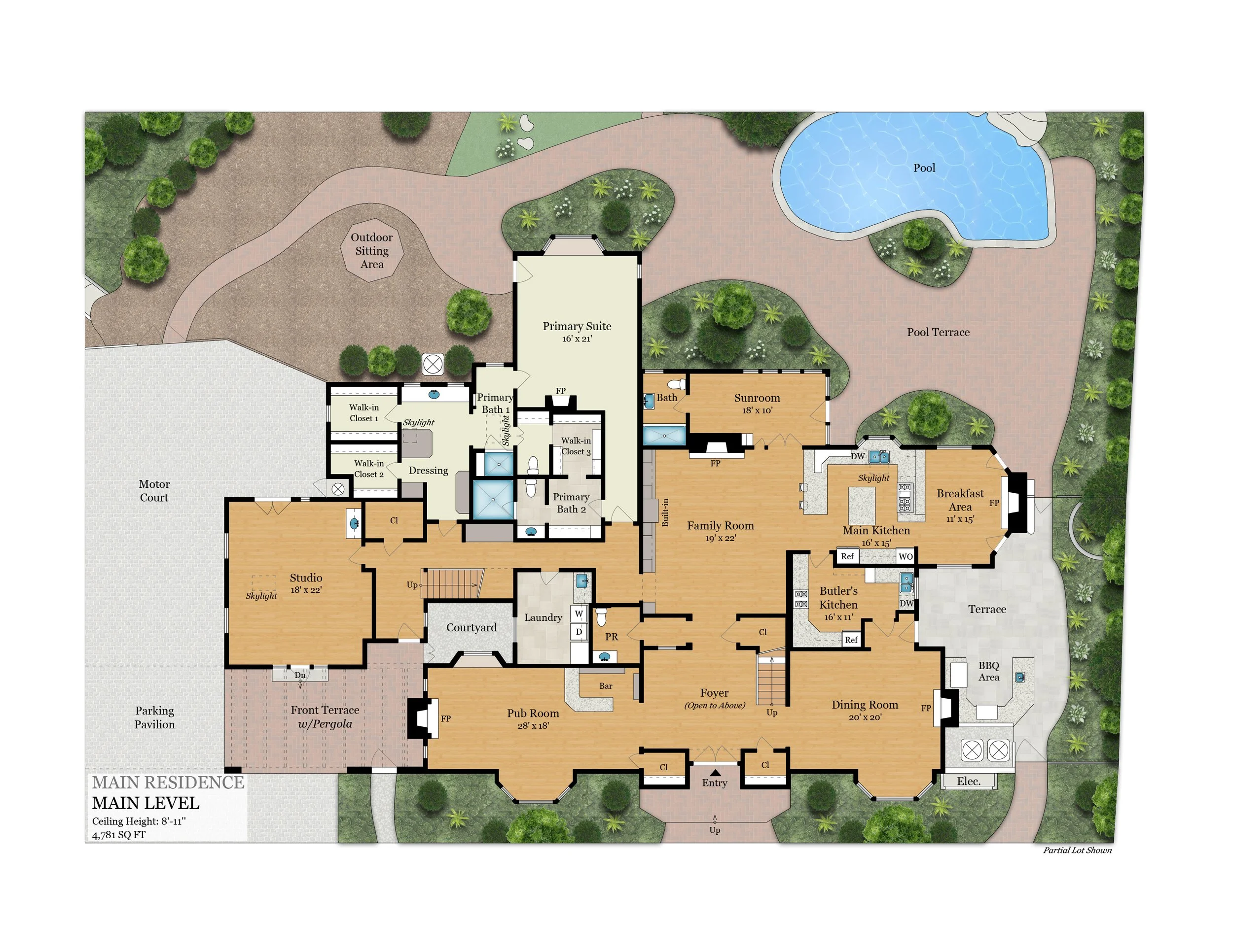 A detailed floor plan of a residential home, including outdoor landscaping, pool area, and various rooms labeled with their dimensions.