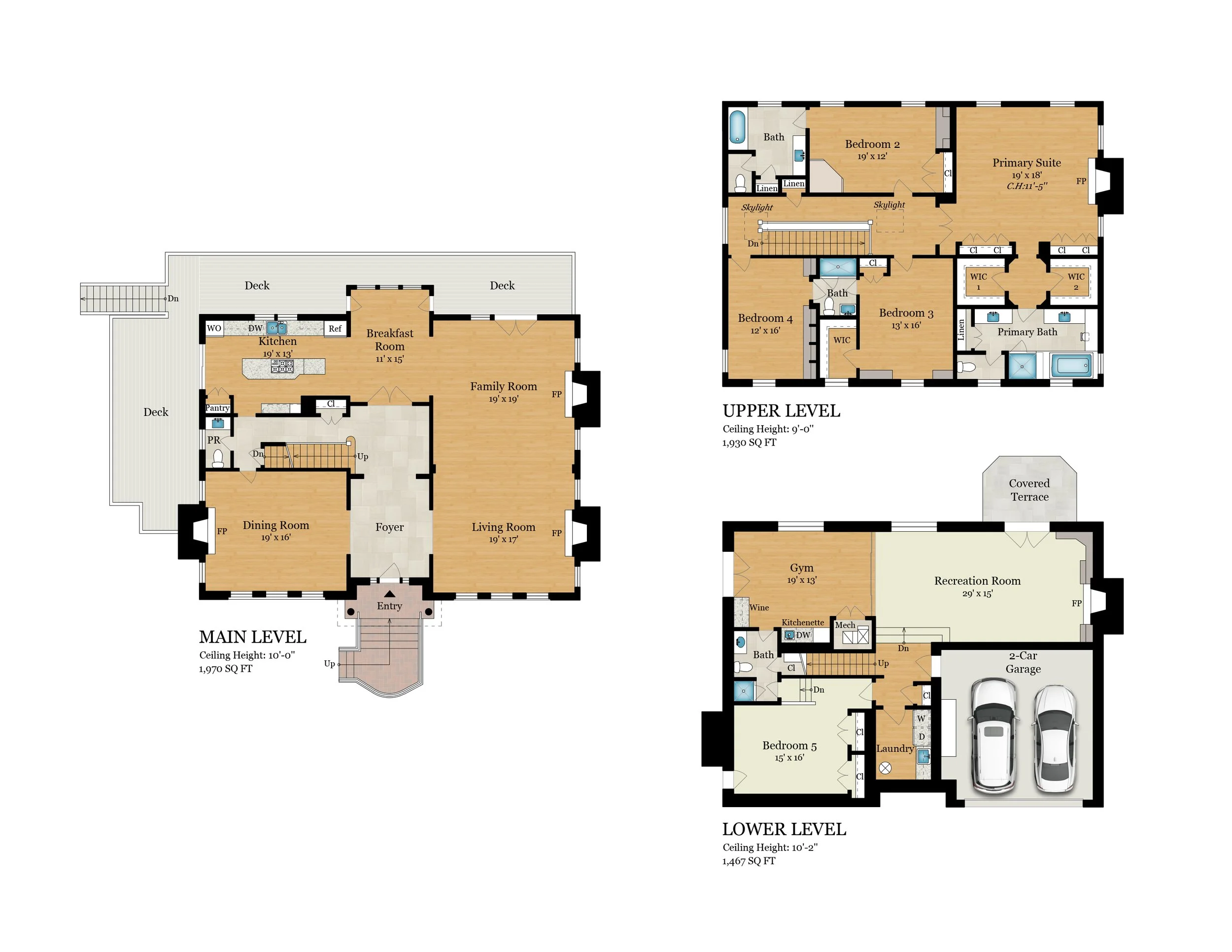 Detailed floor plan of a multi-story house showing layout of rooms on main, upper, and lower levels, including bedrooms, bathrooms, living areas, kitchen, deck, garage, and other features.