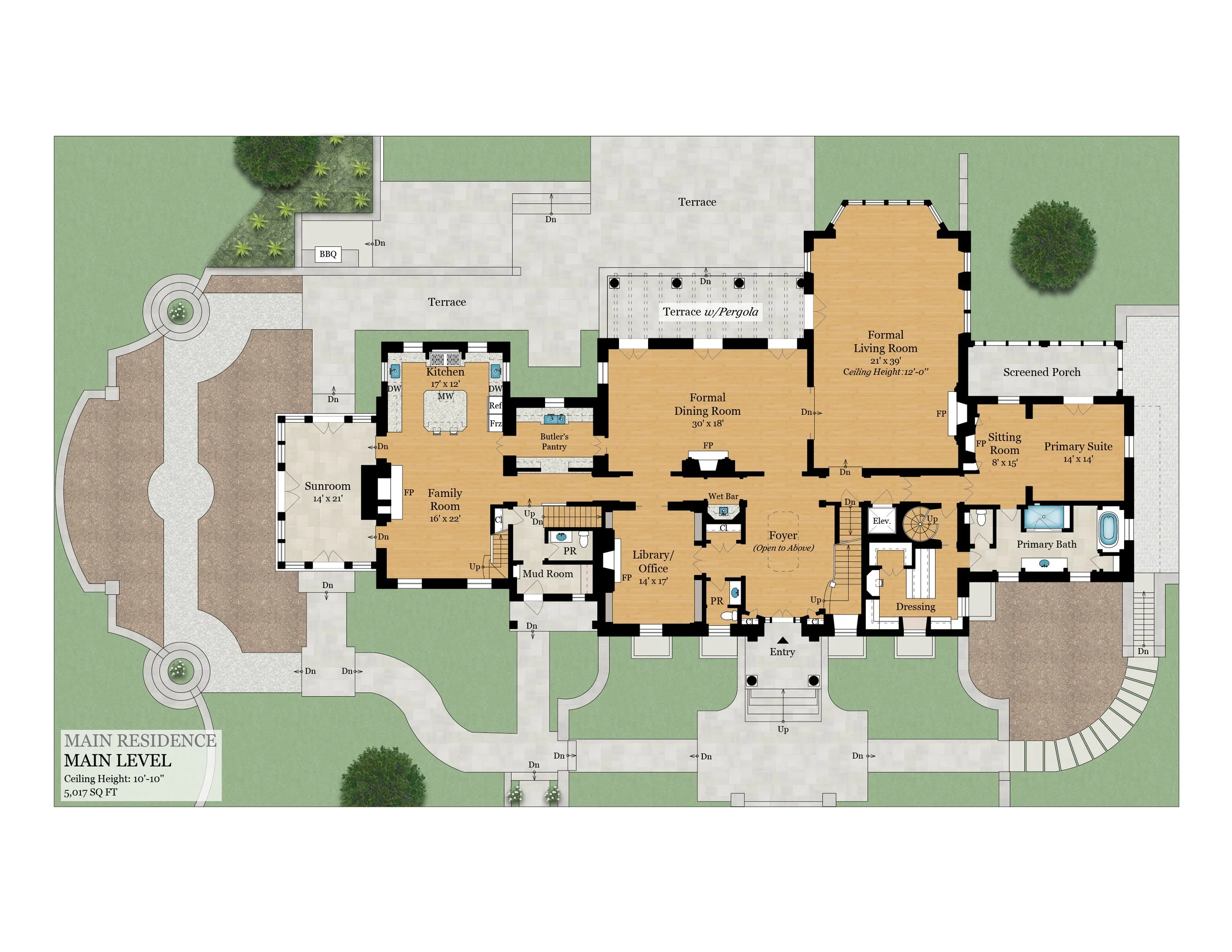 A detailed architectural floor plan of a main residence showing various rooms, terraces, and outdoor areas with labeled spaces like kitchen, dining room, living room, primary suite, screened porch, family room, and outdoor patio with BBQ area.