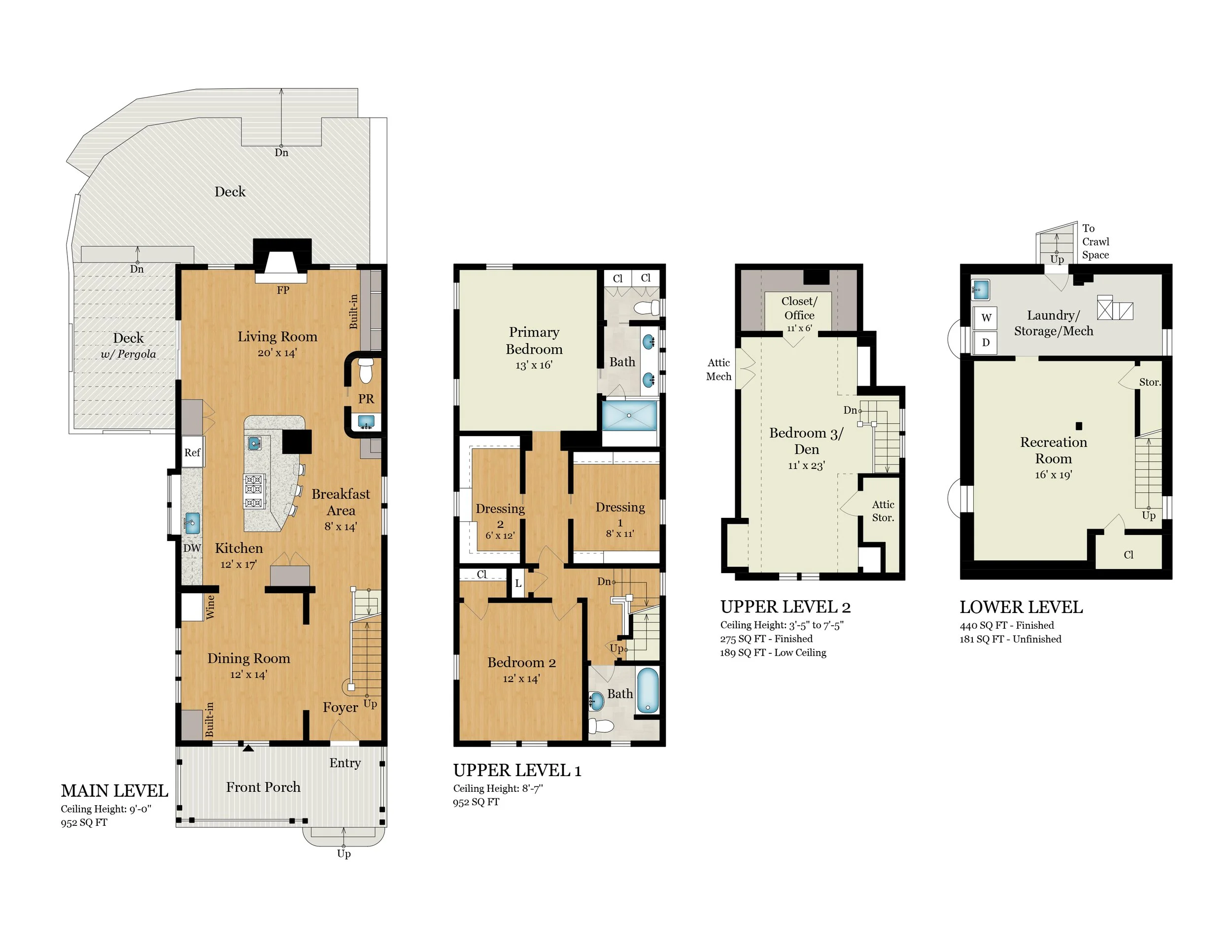 A detailed architectural floor plan of a multi-level house showing various rooms, including living room, kitchen, bedrooms, bathrooms, decks, and storage areas, with measurements and labels.