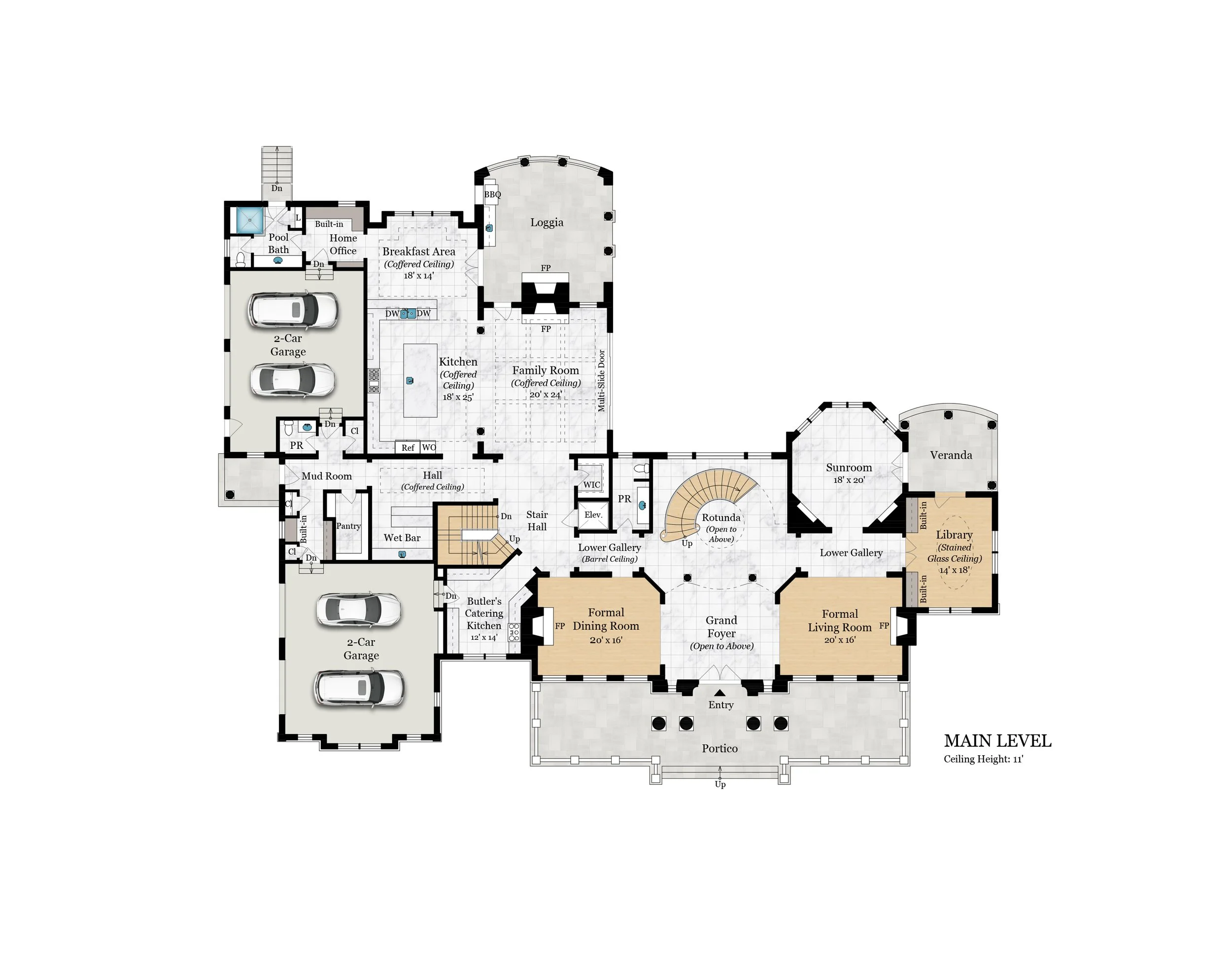Floor plan of the main level of a house with labeled rooms including garage, kitchen, family room, library, sunroom, and entry, with details about ceiling heights and features like a fireplace, built-in cabinets, and a loggia.