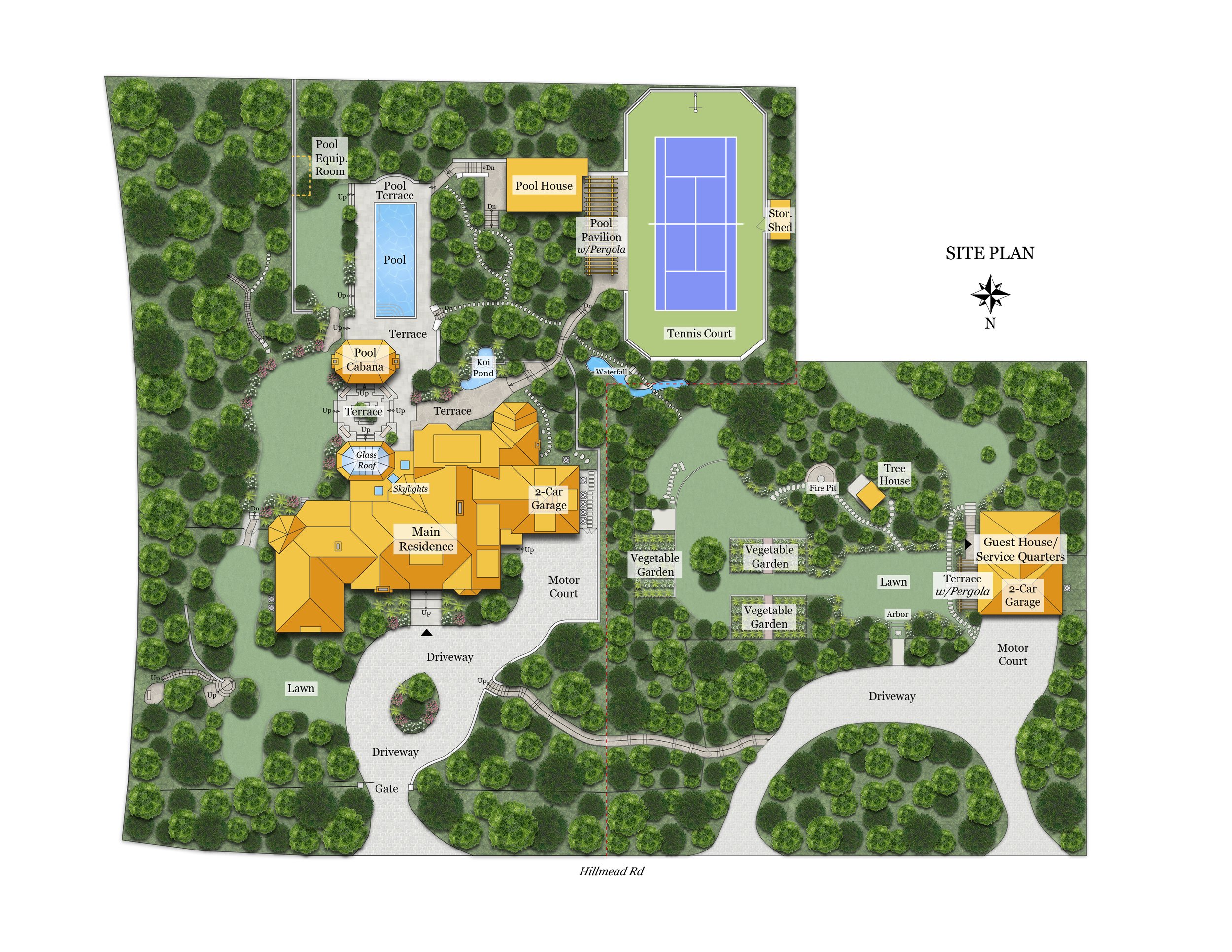 A detailed landscape site plan showing a large residence with surrounding driveways, gardens, and recreational facilities including a swimming pool, tennis court, and various outdoor structures, with lush green trees and landscaped areas.