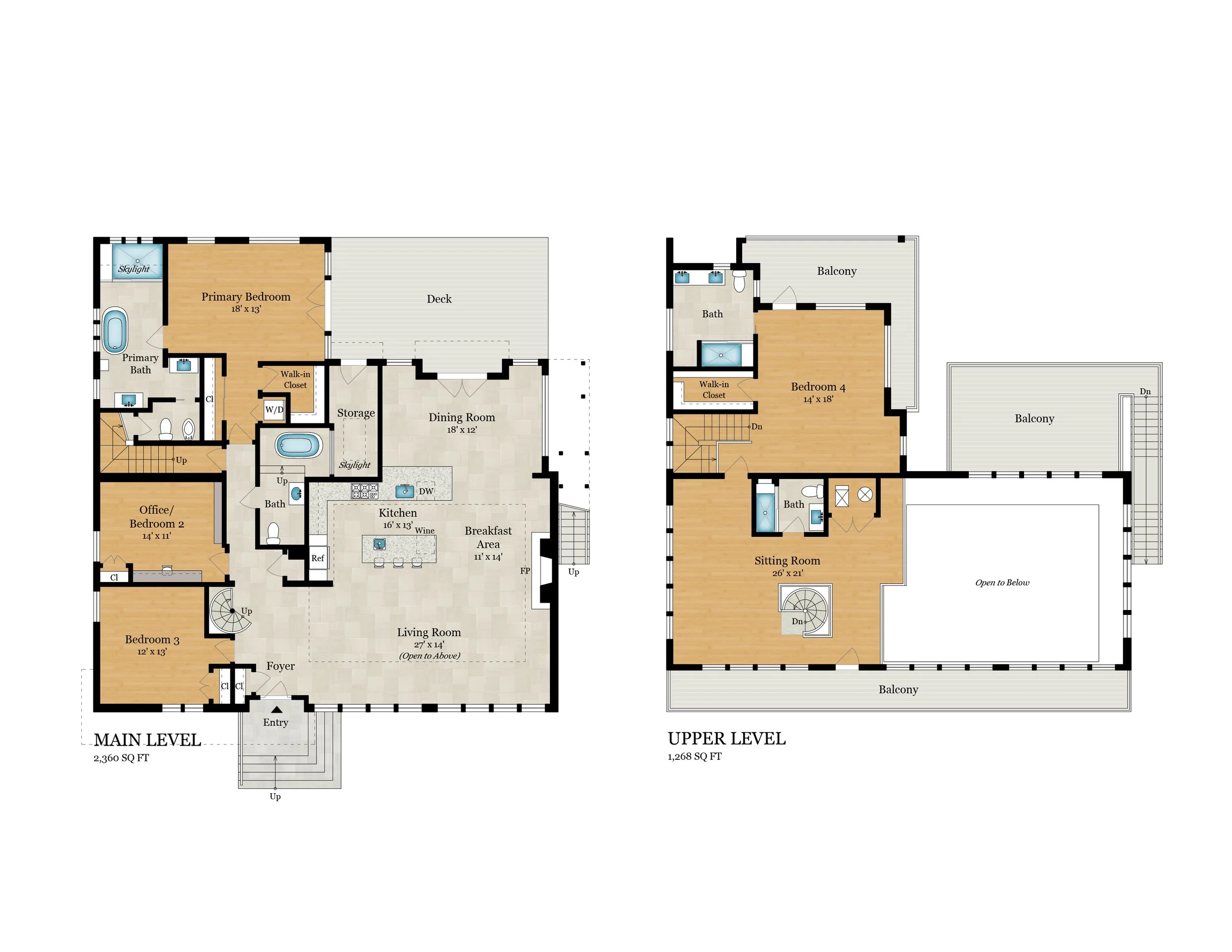 Floor plan of a two-story house, showing the layout of the main level and upper level with rooms, dimensions, and features.