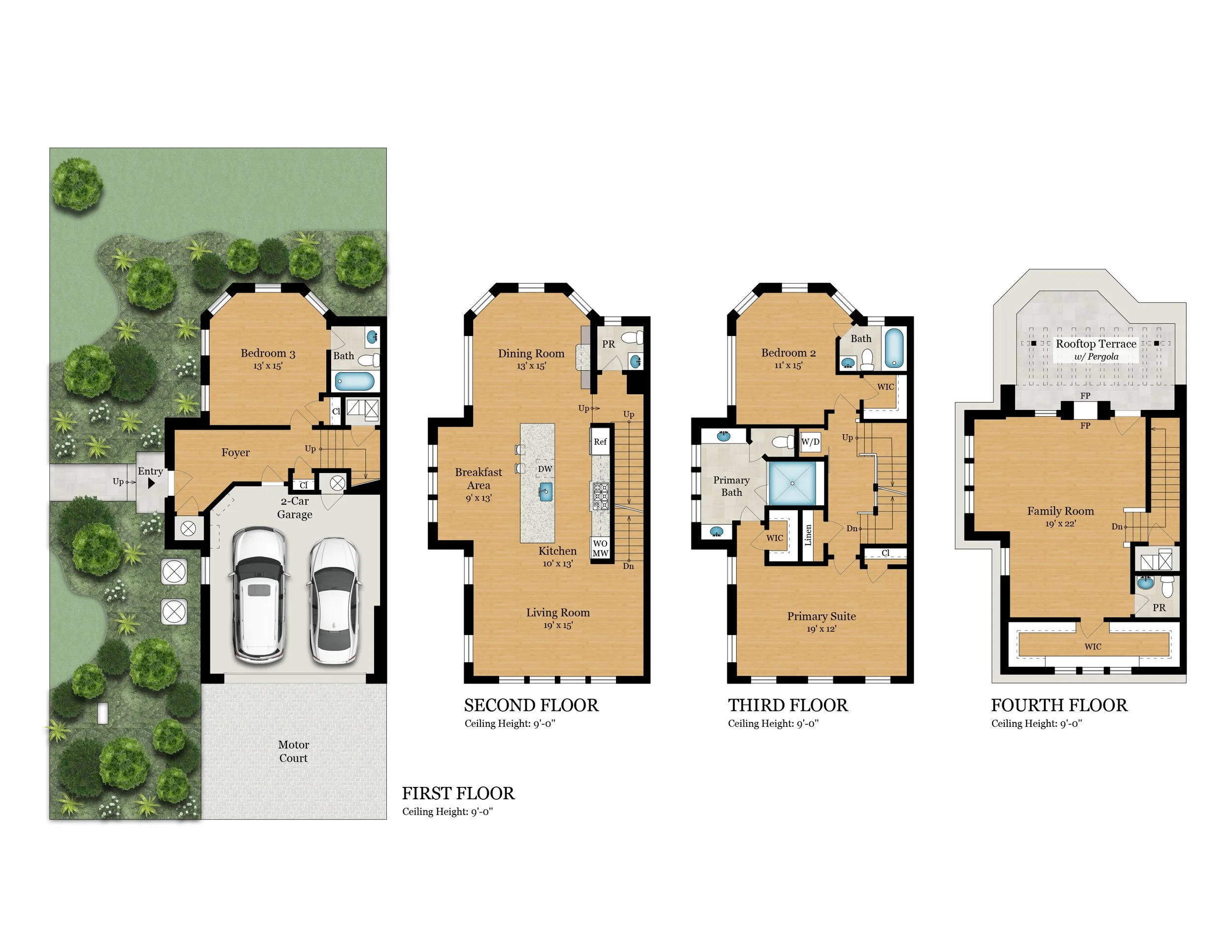 Floor plan layout of a multi-story house with labeled rooms, outdoor landscaped area, driveway, and parking spaces.