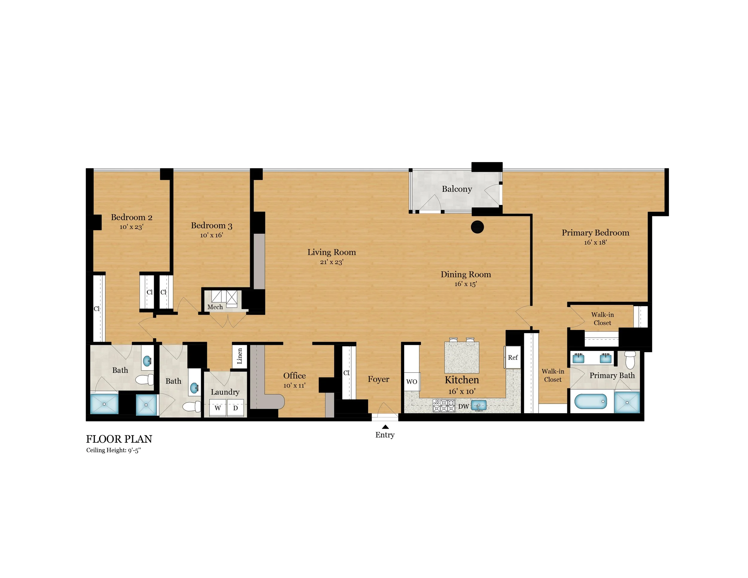 Floor plan of a house showing various rooms, including bedrooms, bathrooms, a kitchen, a living room, dining room, office, laundry, closets, and a balcony, with labels and measurements.