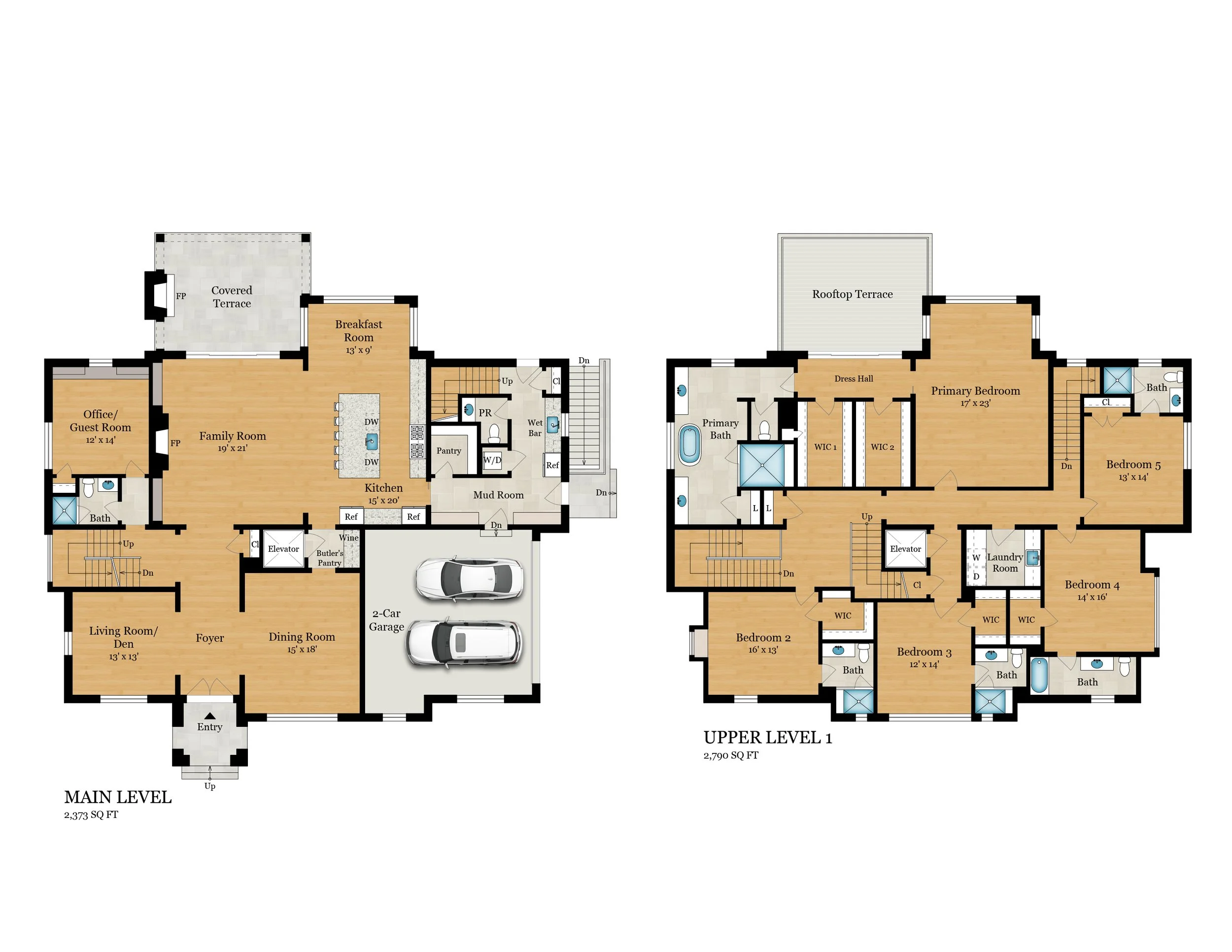 Floor plan of a two-story house showing main level and upper level layouts with room labels and dimensions.