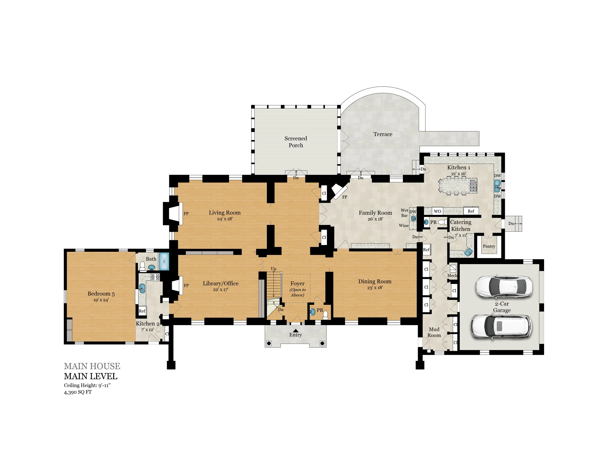Detailed floor plan of the main level of a house, including living room, kitchen, bedrooms, bathrooms, garage, and outdoor spaces.