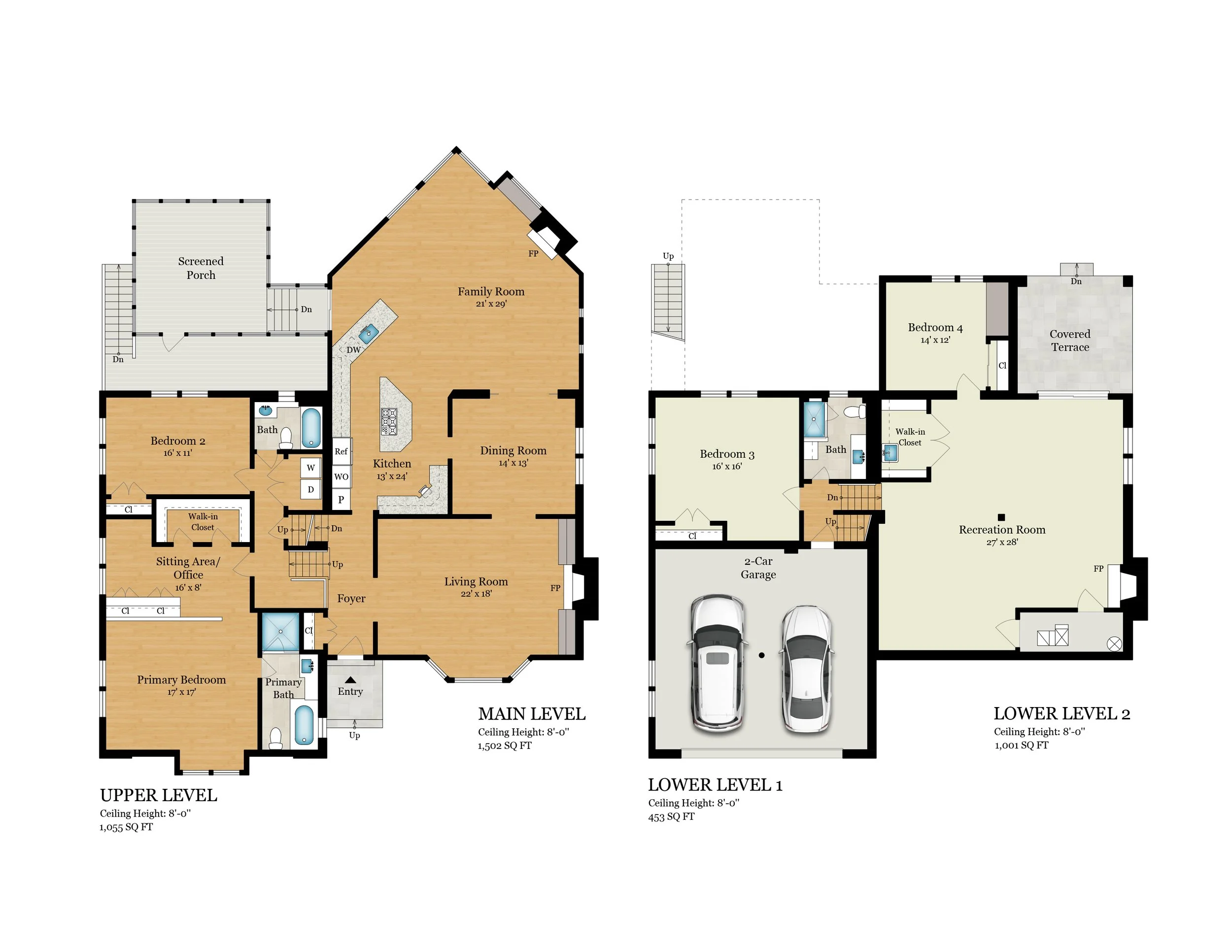 Floor plan of a multi-story house showing rooms like primary bedroom, sitting area, kitchen, family room, bedroom 2, office, dining room, living room, bathroom, and garage, with labels and measurements.