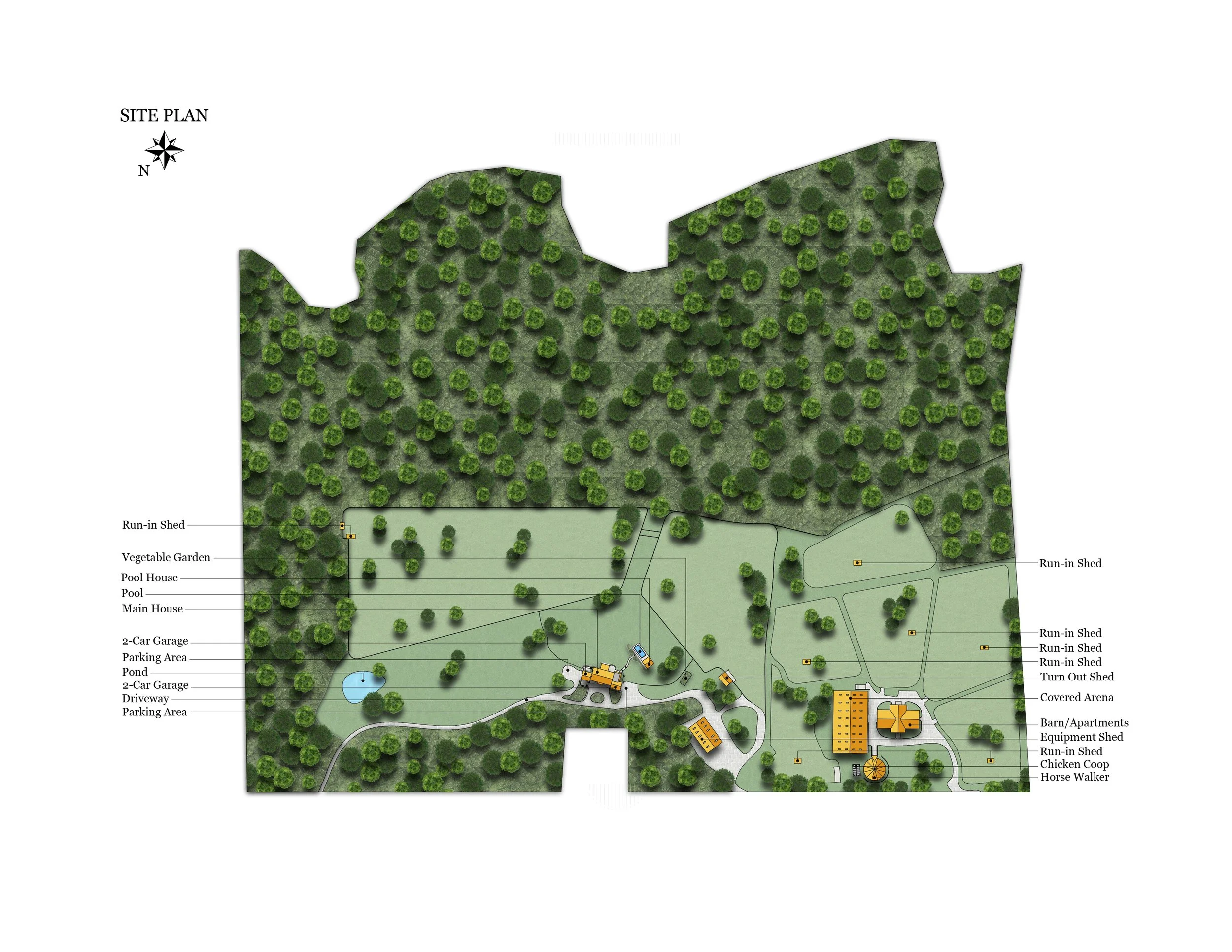 A detailed site plan of a property featuring various outdoor and building structures. Labeled areas include a pond, pool, main house, garages, sheds, a covered arena, horse walker, chicken coop, and multiple run-in sheds.