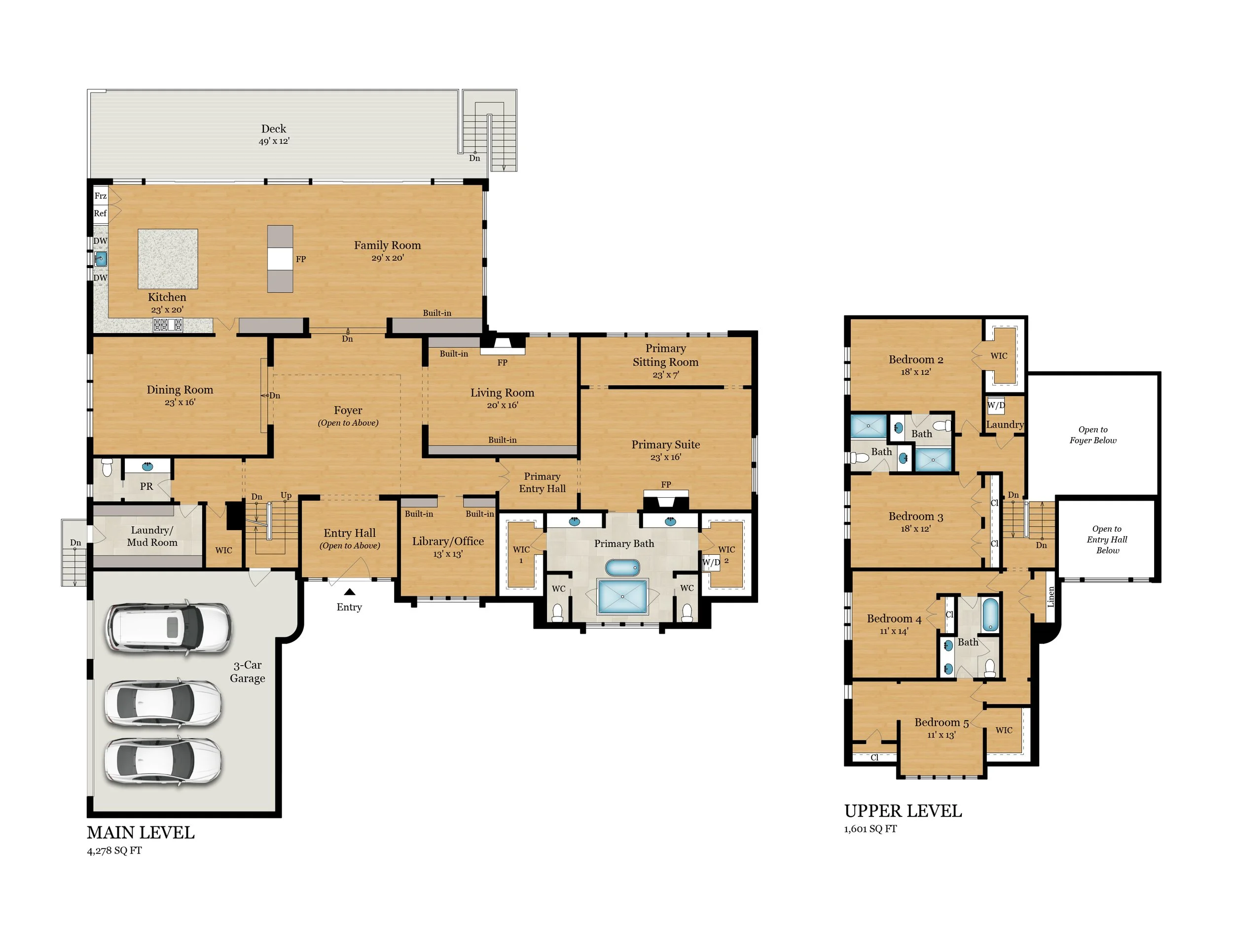 Floor plan of a two-story house showing the main and upper levels with rooms, dimensions, and layout, including a garage, kitchen, living areas, bedrooms, bathrooms, and outdoor deck.