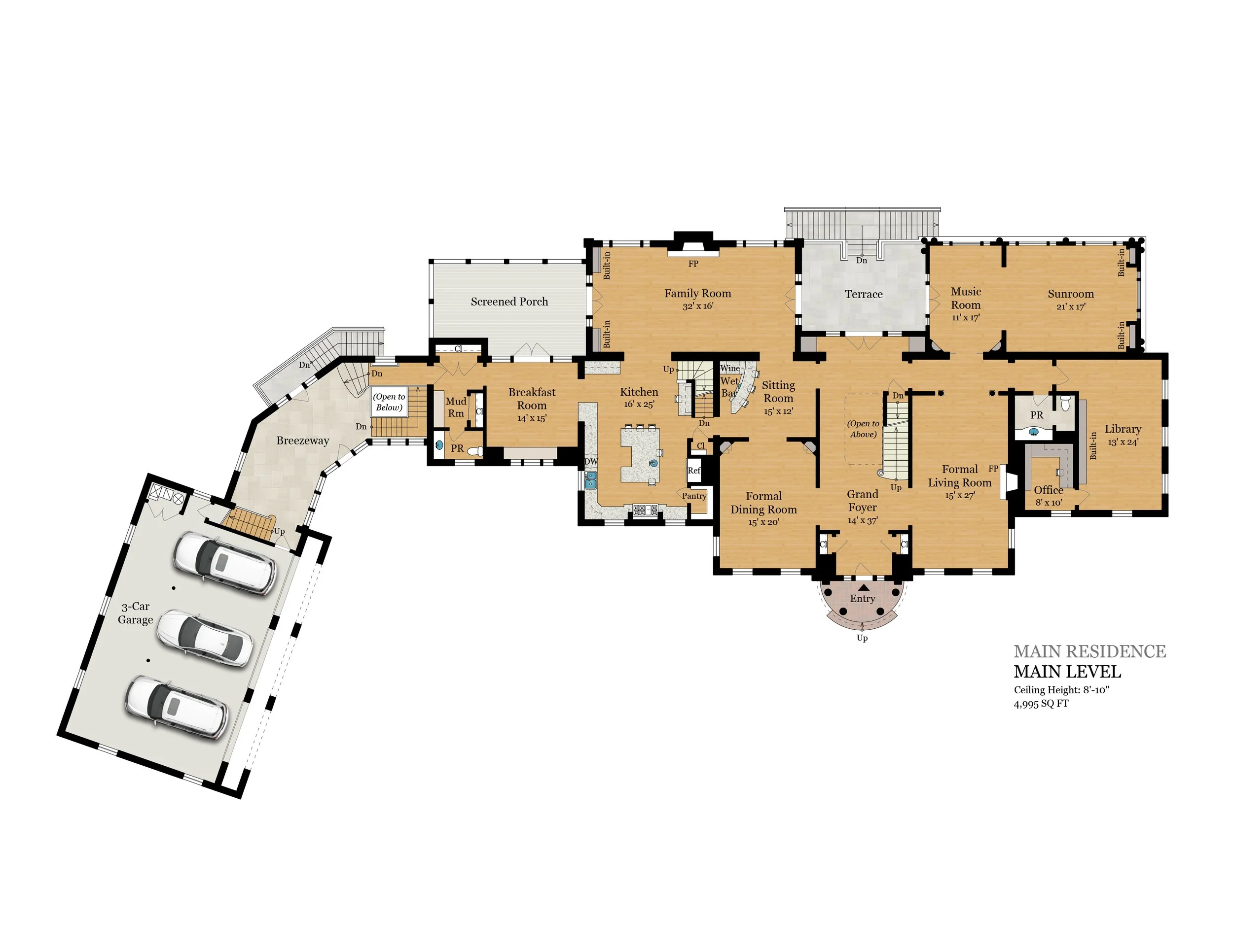 Floor plan of a residential home showing rooms such as a family room, sunroom, library, office, and garage with labeled areas and measurements.