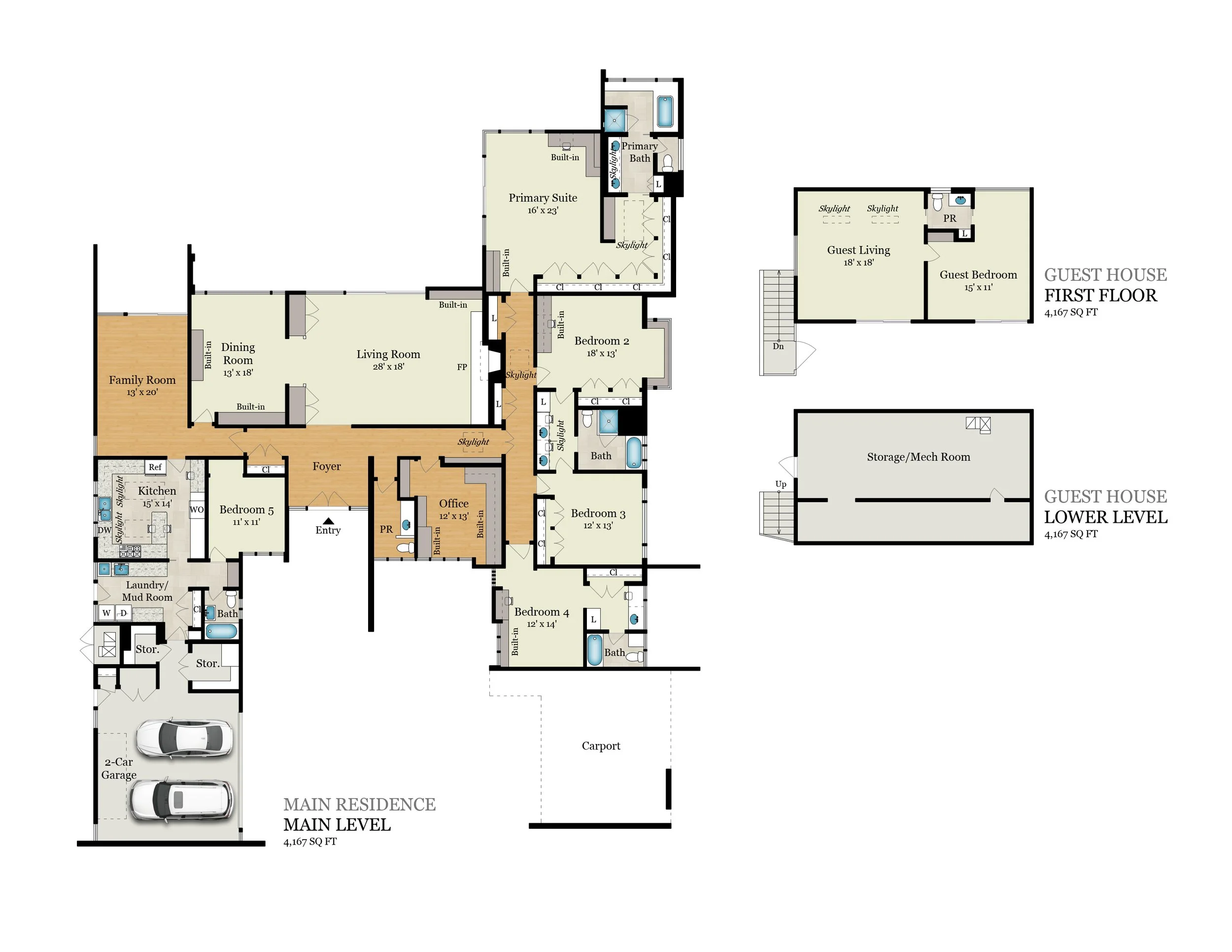 Floor plan of a guest house with designated areas for a guest living room, bedrooms, bathrooms, kitchen, laundry, storage, and garage, along with a separate guest house and lower level