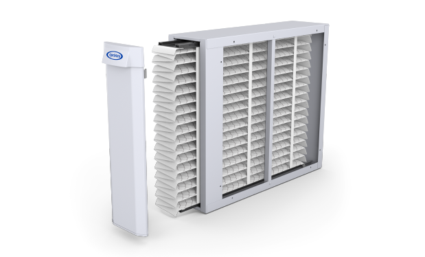 HVAC air conditioning unit with an air filter housing and filter media.