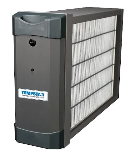 A grey Tempsta air purifier with a large filter in a rectangular frame, designed for heating and cooling products.