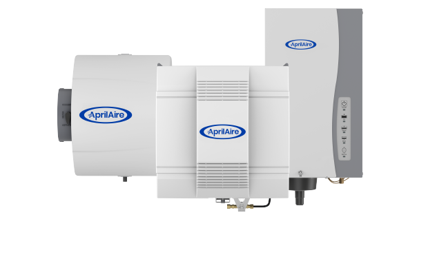 A white and gray industrial ventilation system with the AprilAire logo, featuring ducts and control panel.