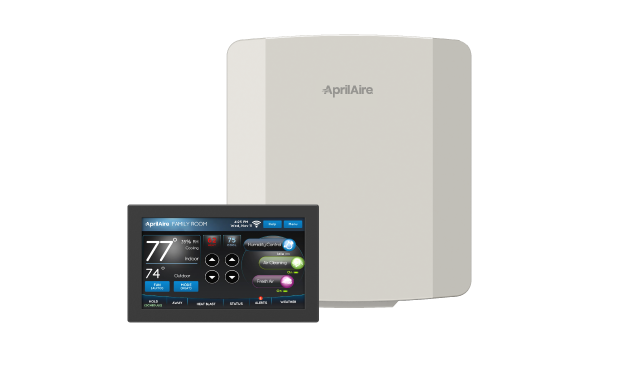 A digital thermostat display and an AprilAire air purifier unit.