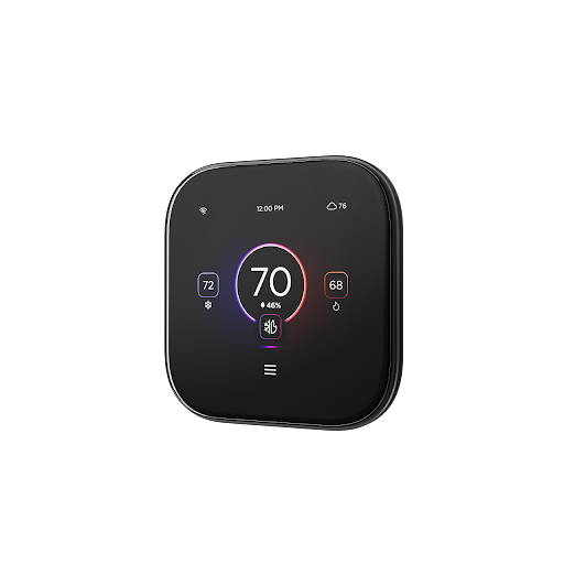 Smart thermostat display showing indoor temperature, humidity, and control options against a black background.