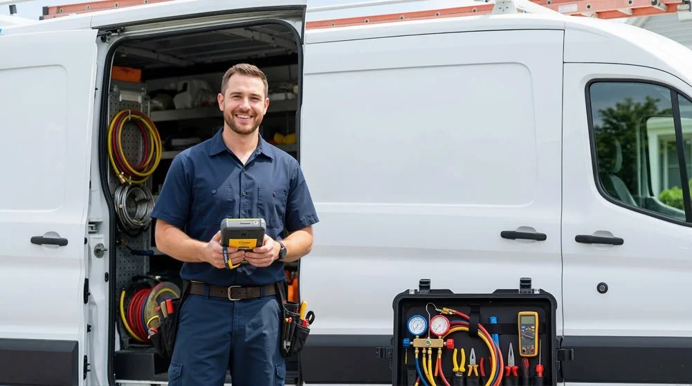 A smiling technician in a blue uniform holding a device, standing in front of an open utility van with various tools and equipment.